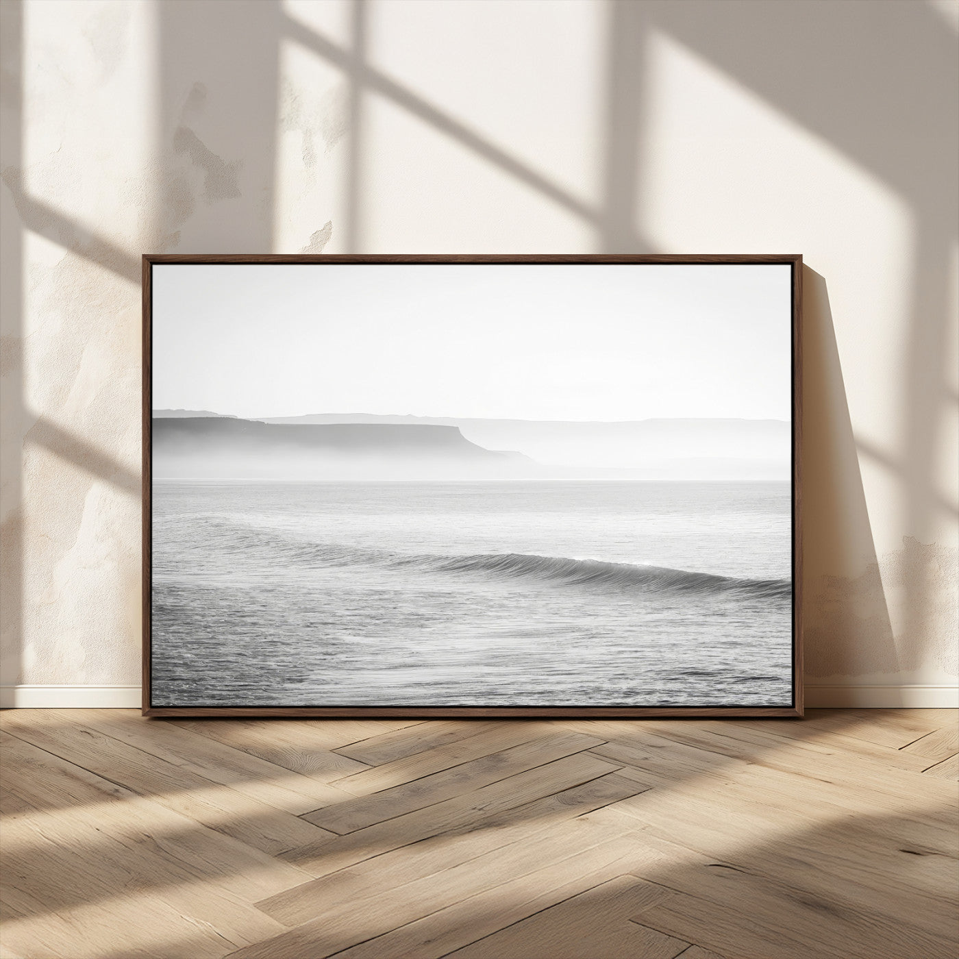 60635783-MGV-FC-36X24_Walnut-Black White Seascape Wall Art Canvas Print, Framed Ocean Waves Art Picture Print, Misty Coastal Perfect Minimalist Coastal Decor