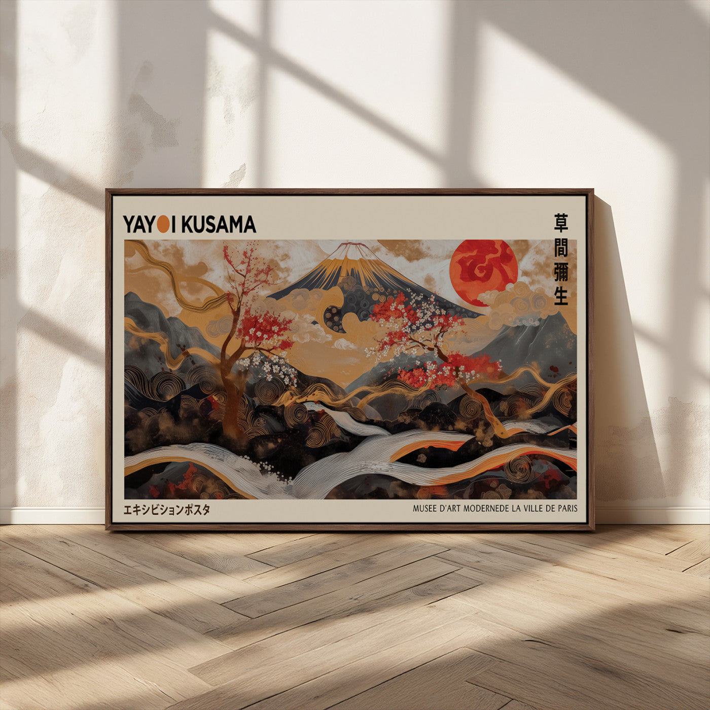 77970791-MGV-CV-36X24-Mount Fuji Golden Abstract Wall Art – Japanese Landscape Canvas Poster, Cherry Blossom & Red Sun Painting, Elegant Zen Oriental