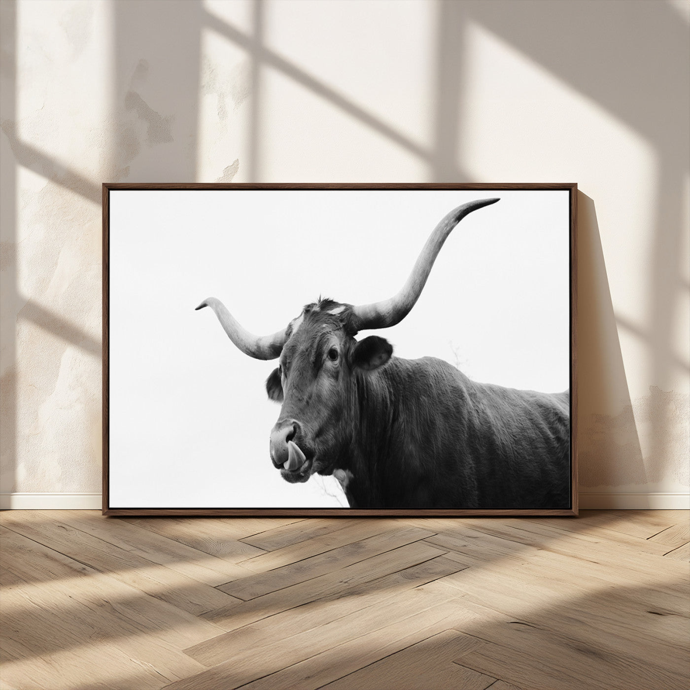 99244177-MGV-CV-36X24-Longhorn Photography Wall Art Canvas Print, Framed Western Cow Decor Art Picture Print, Black White Bull Perfect Modern Rustic