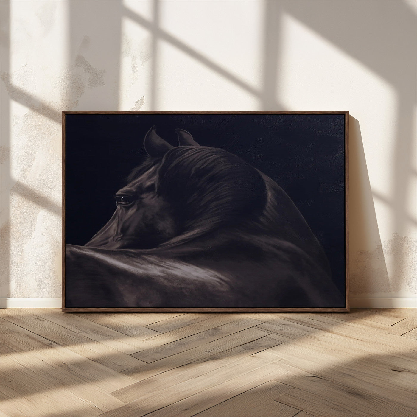 67026880-MGV-CV-36X24-Black Horse Portrait Wall Art Canvas Print, Framed Moody Horse Decor Art Picture Print, Equestrian Wall Style Perfect Masculine