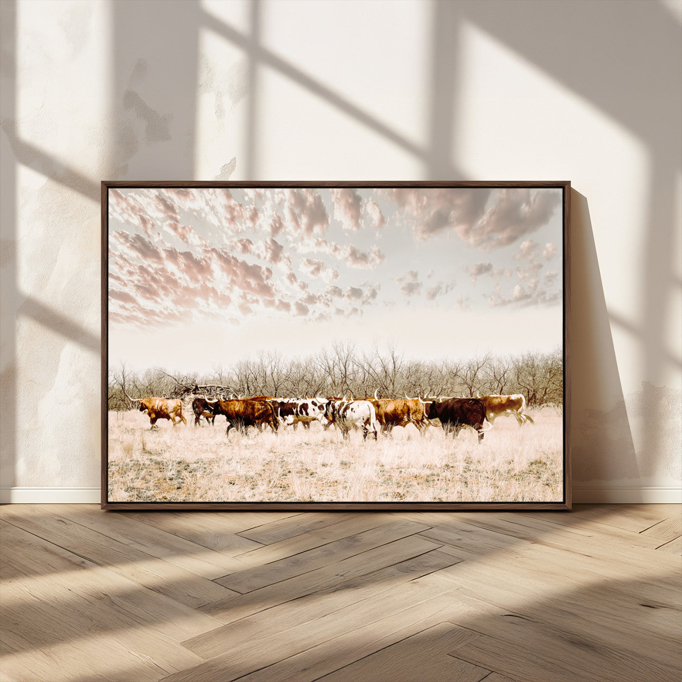 57389417-MGV-CV-36X24-Cow Herd Photography Wall Art Canvas Print, Framed Rustic Farmhouse Decor Art Picture Print, Western Ranch Style Perfect Rustic