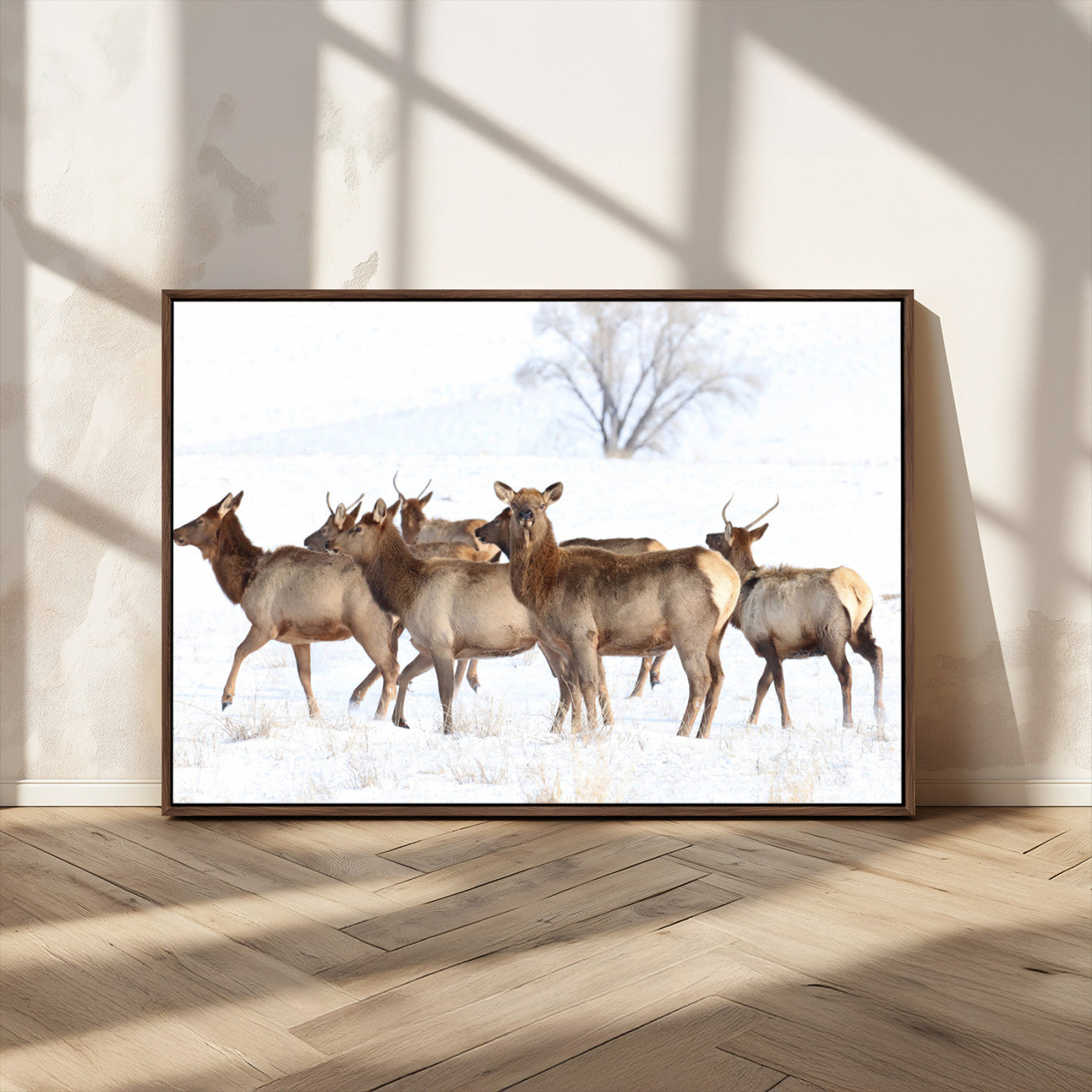 68738684-MGV-CV-36X24-Winter Elk Scene Wall Art Canvas Print, Framed Wildlife Photography Art Picture Print, Snowy Deer Decor Perfect Rustic Lodge Decor