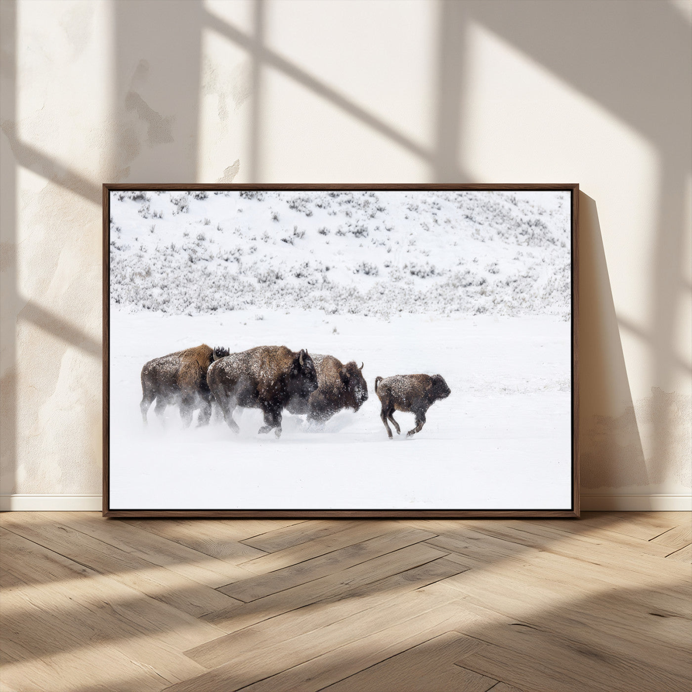 56216945-MGV-CV-36X24-Bison Herd Decor Wall Art Canvas Print, Framed Snowy Bison Scene Art Picture Print, Winter Wildlife Theme Perfect Rustic Western