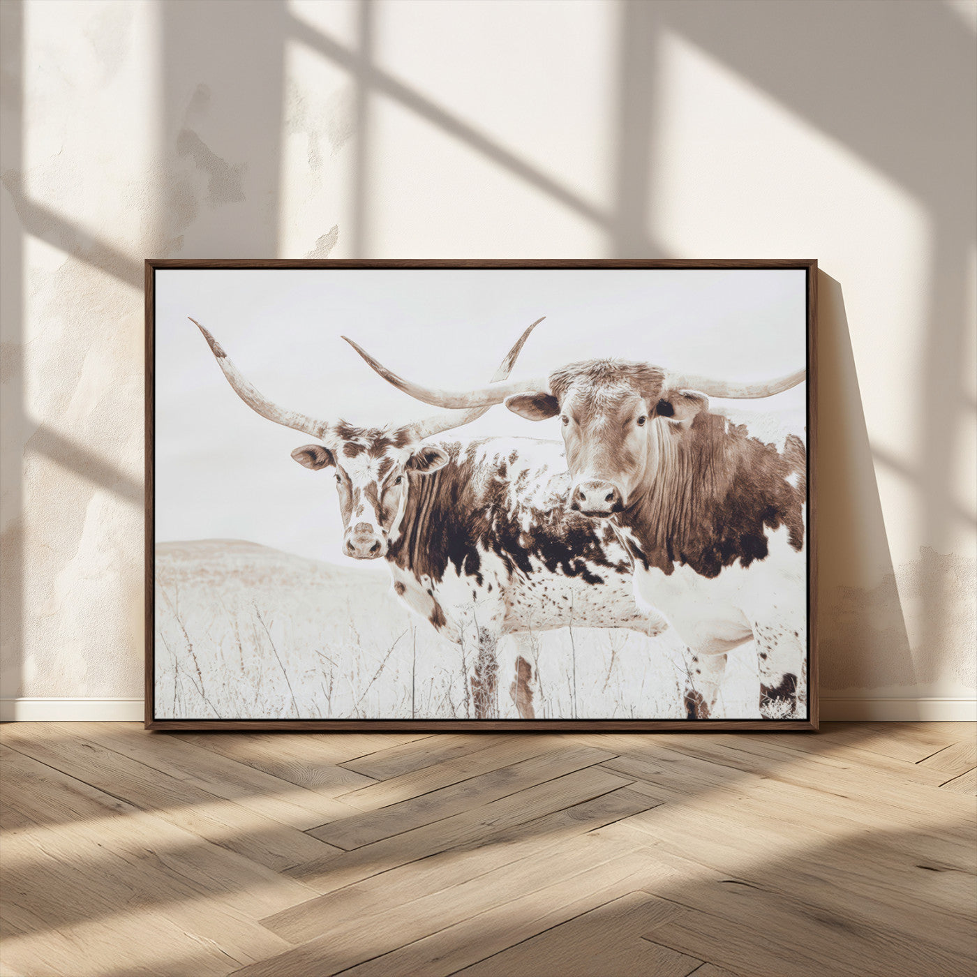 48161868-MGV-FC-36X24_Walnut-Longhorn Cow Decor Wall Art Canvas Print, Framed Rustic Cattle Art Picture Print, Sepia Western Vibe Perfect Neutral Rustic