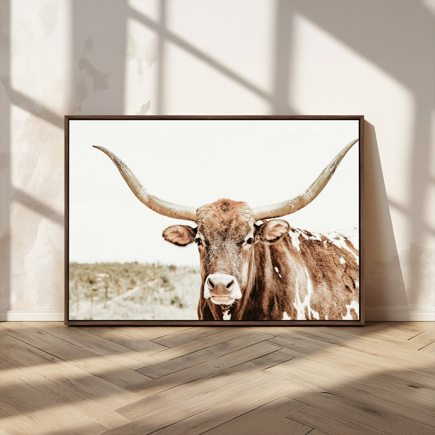 98924580-MGV-CV-36X24-Texas Longhorn Bull Wall Art Canvas Print, Framed Rustic Farmhouse Decor Art Picture Print, Western Animal Theme Perfect Rustic