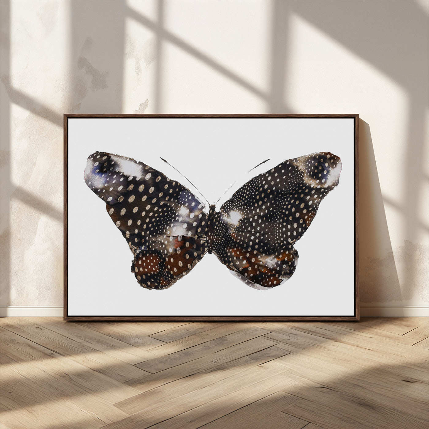 99831147-MGV-FC-36X24_Walnut-Spotted Butterfly Wall Art Canvas Print, Framed Neutral Insect Theme Art Picture Print, Earthy Wing Pattern Perfect Modern Rustic