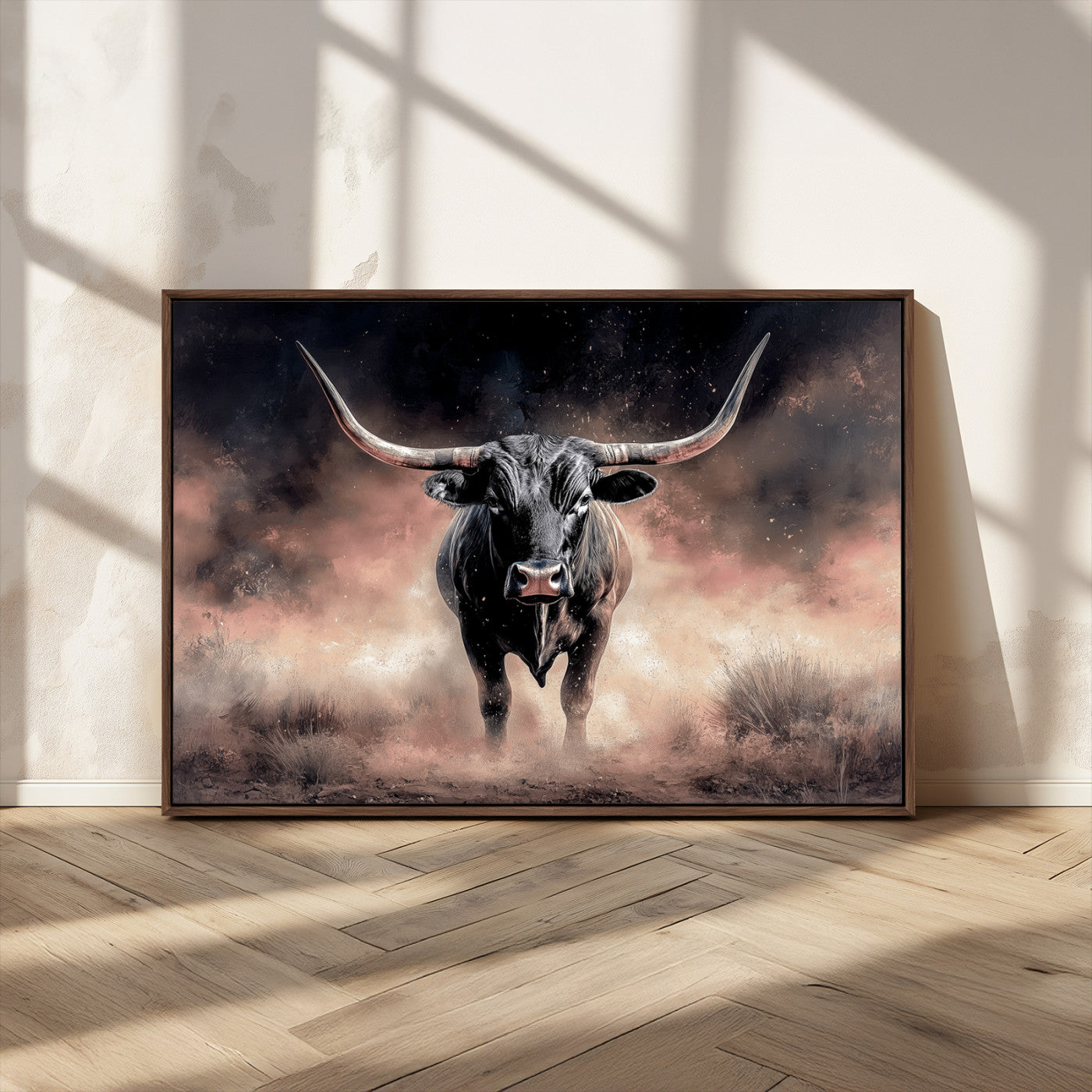71457818-MGV-CV-36X24-Longhorn Wall Art Wall Art Canvas Print, Framed Western Bull Canvas Art Picture Print, Rustic Cow Decor Perfect Western Dramatic