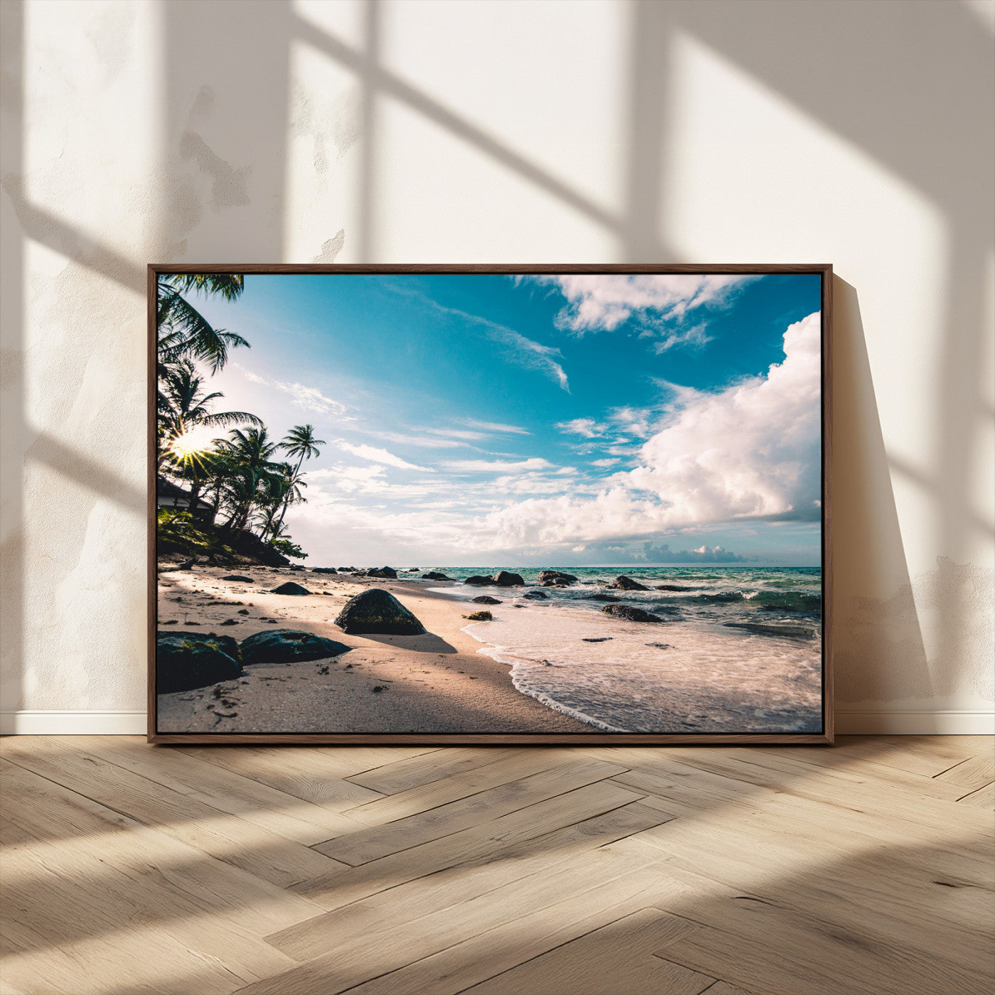 95301406-MGV-FC-36X24_Walnut-Tropical Beach Wall Art Canvas Print, Framed Ocean Waves Art Picture Print, Relazxing Seascape Perfect Tropical Coastal Decor