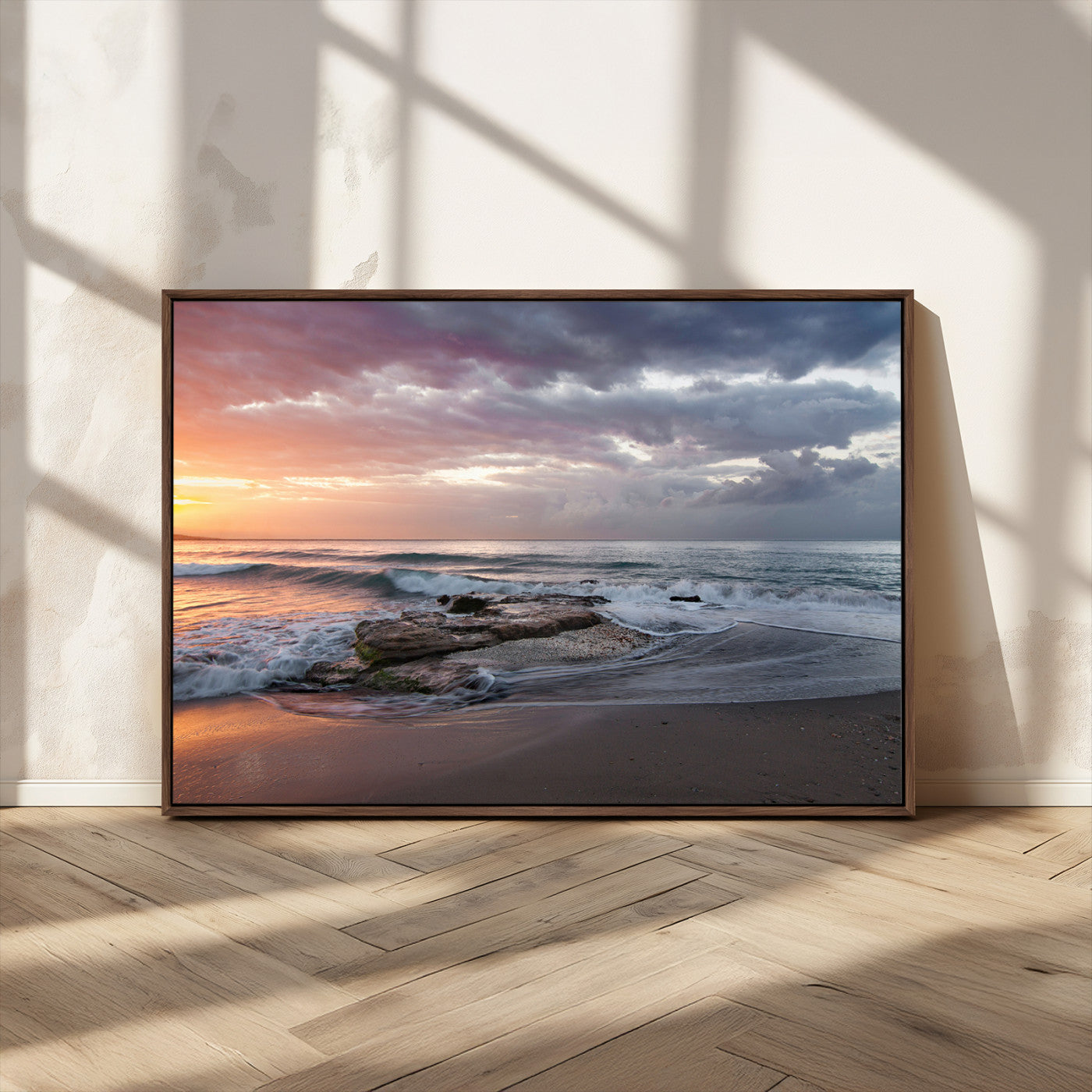 94208089-MGV-CV-36X24-Golden Hour Wall Art Canvas Print, Framed Tranquil Waves Art Picture Print, Beach Horizon Perfect Coastal Serenity Decor Artwork