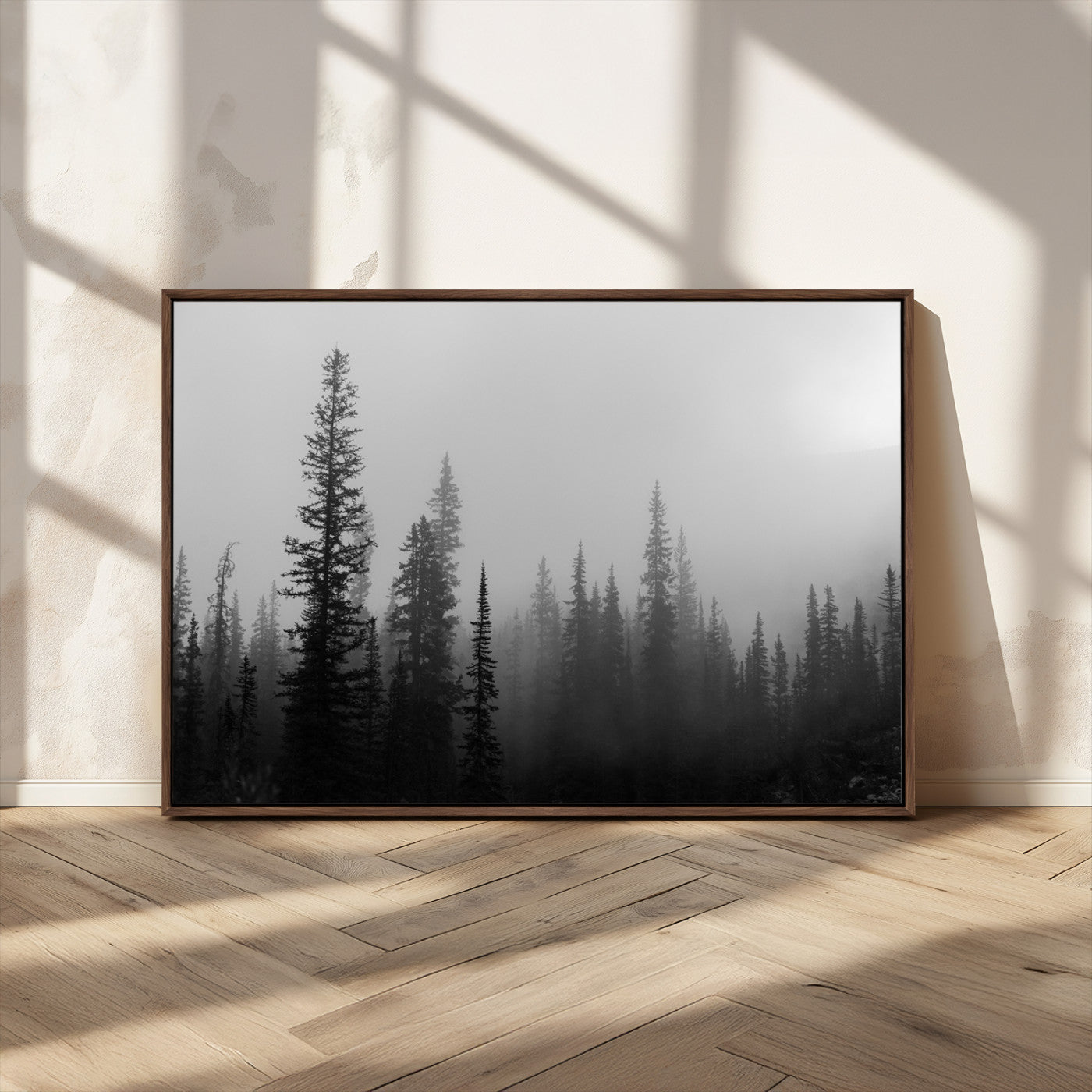 73138900-MGV-CV-36X24-Misty Pines Wall Art Canvas Print, Framed Woodland Photography Art Picture Print, Minimalist Decor Perfect Modern Rustic Decor