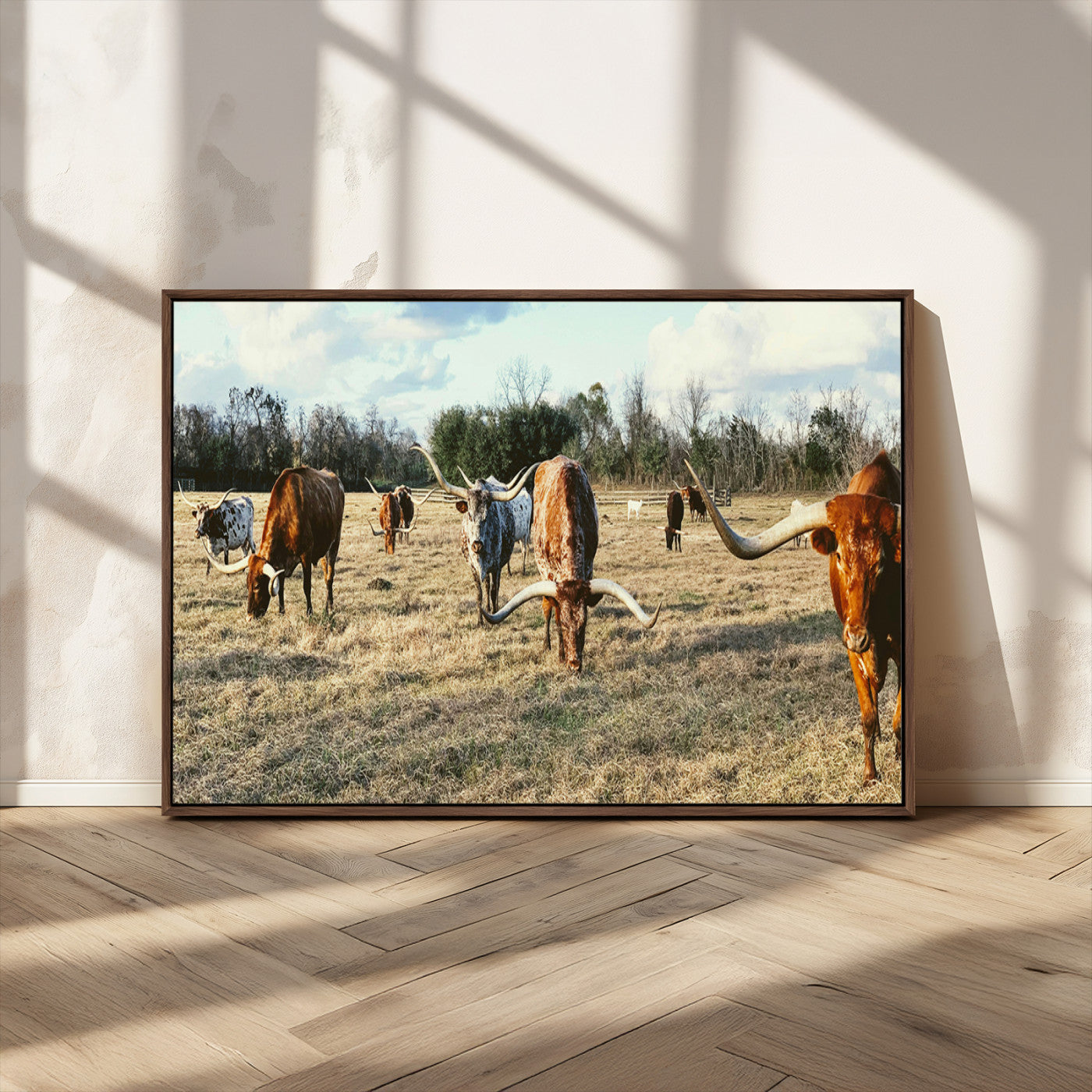 39144651-MGV-CV-36X24-Texas Longhorns Wall Art Canvas Print, Framed Rustic Farm Scene Art Picture Print, Western Cattle Perfect Rustic Farmhouse Decor