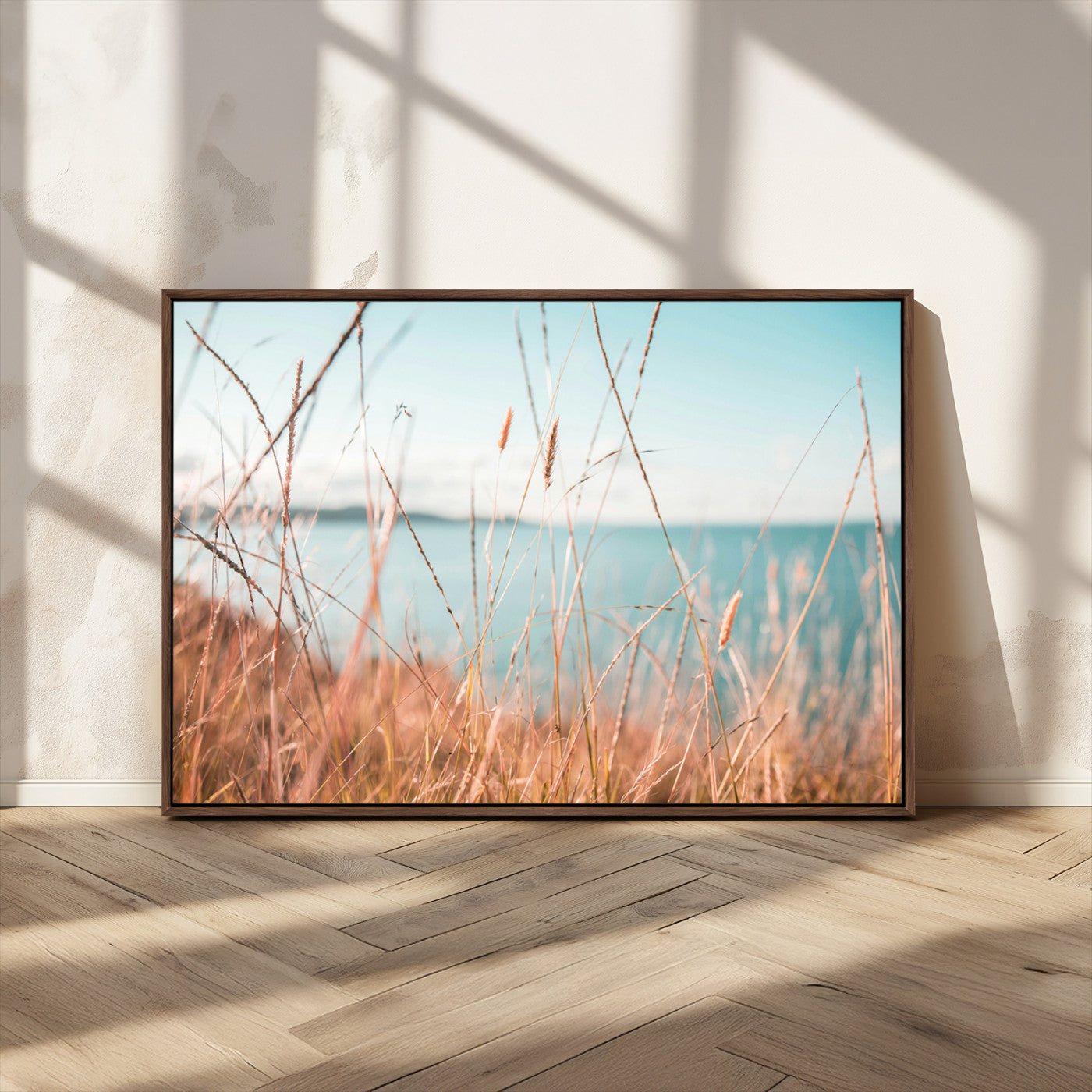 36108696-MGV-FC-36X24_Walnut-Coastal Grass Wall Art – Serene Ocean View Canvas Print, Beach Nature Photography Decor for Living Room, Bedroom, Office or Modern