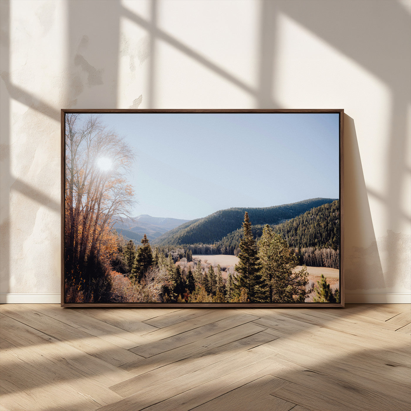 52941305-MGV-CV-36X24-Rustic Landscape Wall Art Canvas Print, Framed Serene Valley Art Picture Print, Pine Tree Horizon Perfect Rustic Cabin Decor