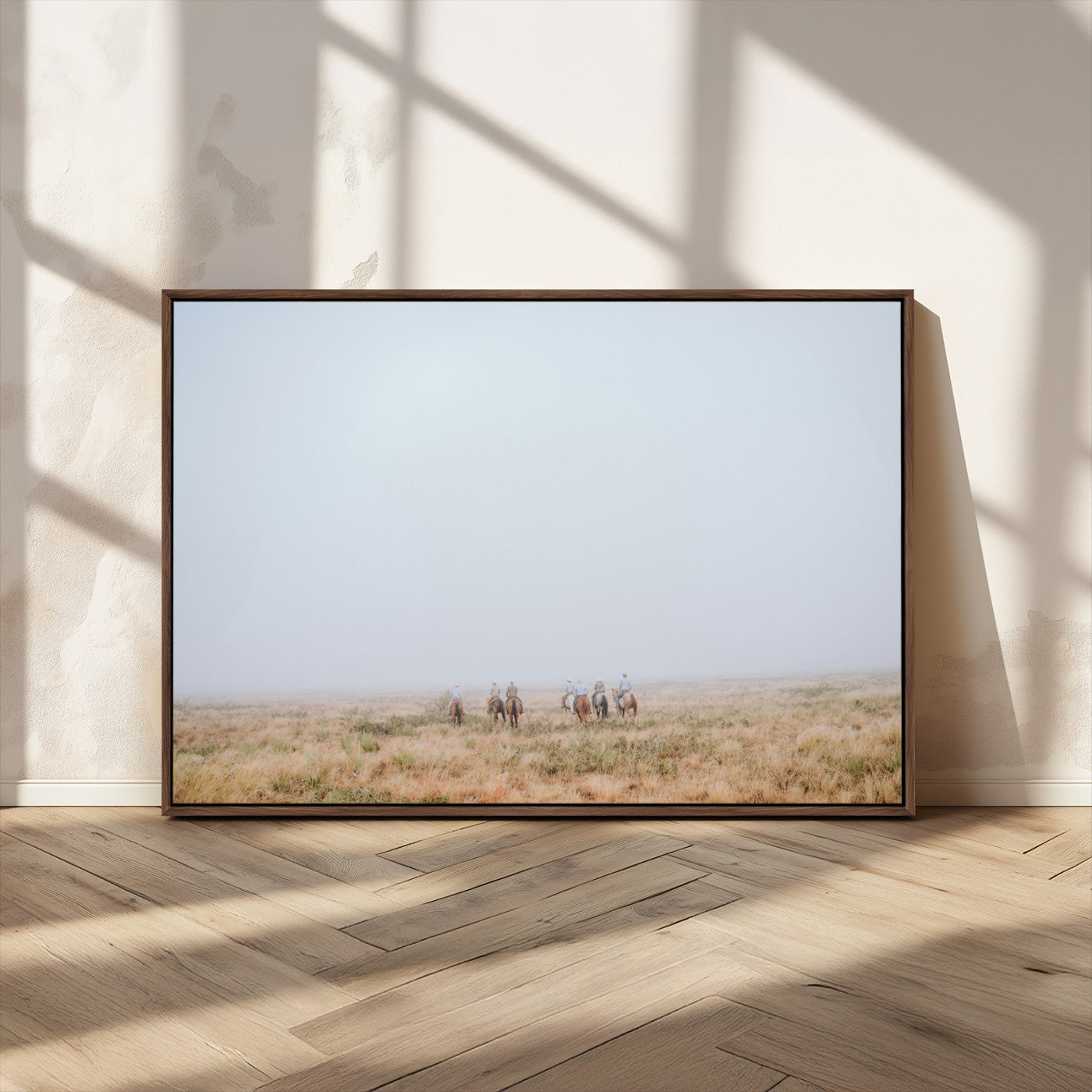 14761944-MGV-FC-36X24_Walnut-Foggy Plains Wall Art Canvas Print, Framed Horseback Riders Art Picture Print, Rustic Western Perfect Rustic Western Decor Artwork