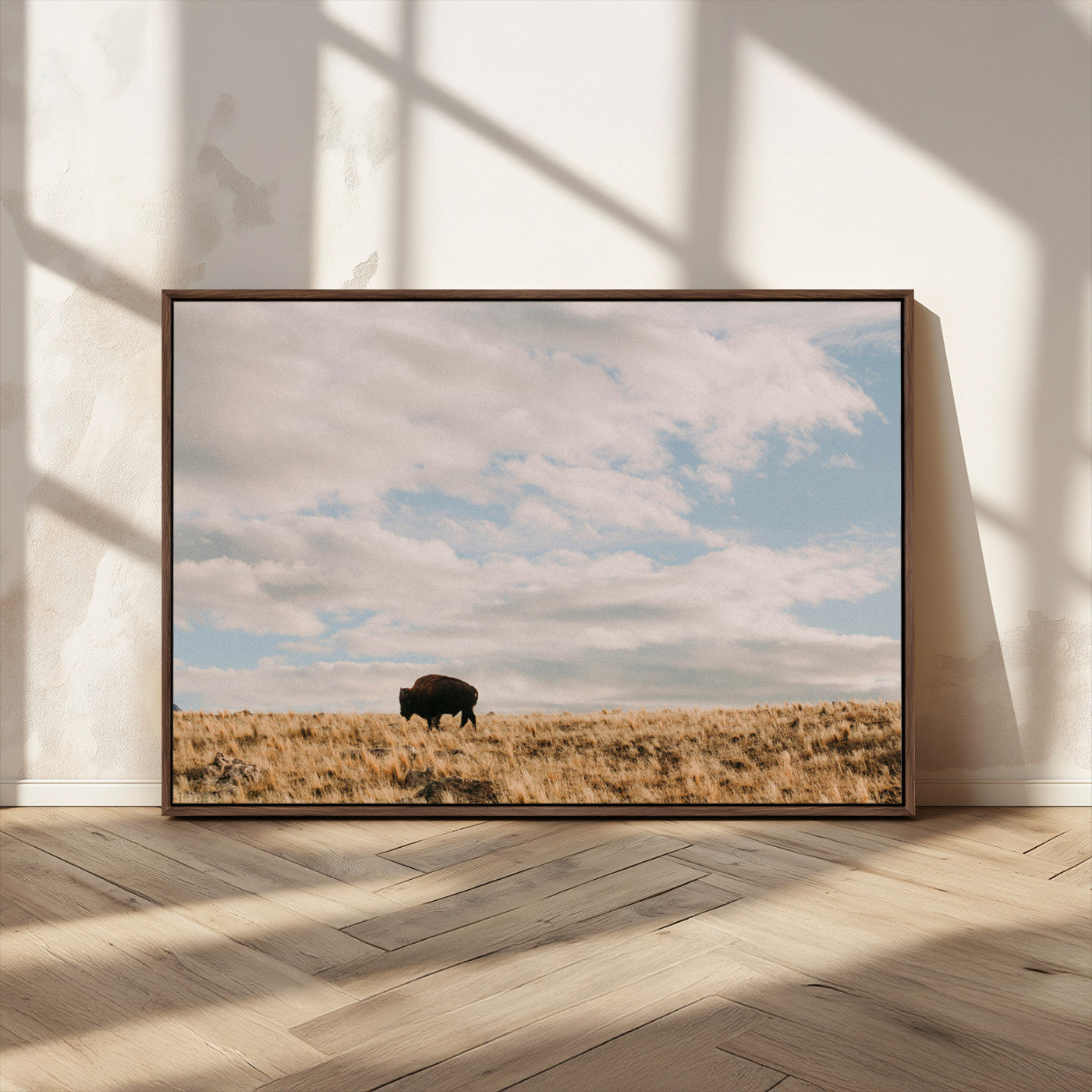 22754563-MGV-FC-36X24_Walnut-Earthy Tones Wall Art Canvas Print, Framed Rustic Nature Art Picture Print, Solitary Buffalo Perfect Western Minimalist Decor
