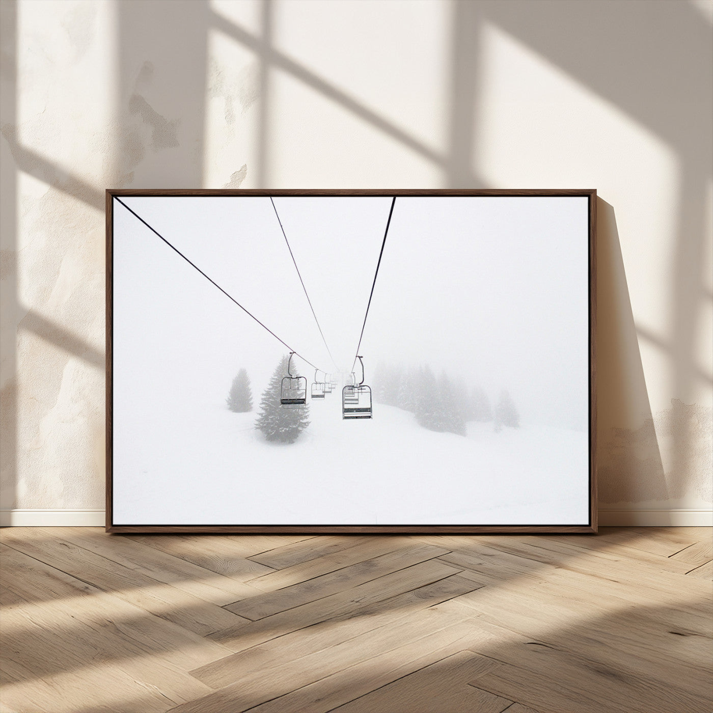 20216390-MGV-FC-36X24_Walnut-Ski Lift Wall Art Canvas Print, Framed Snowy Landscape Art Picture Print, Alpine Adventure Perfect Nordic Minimalist Decor Artwork