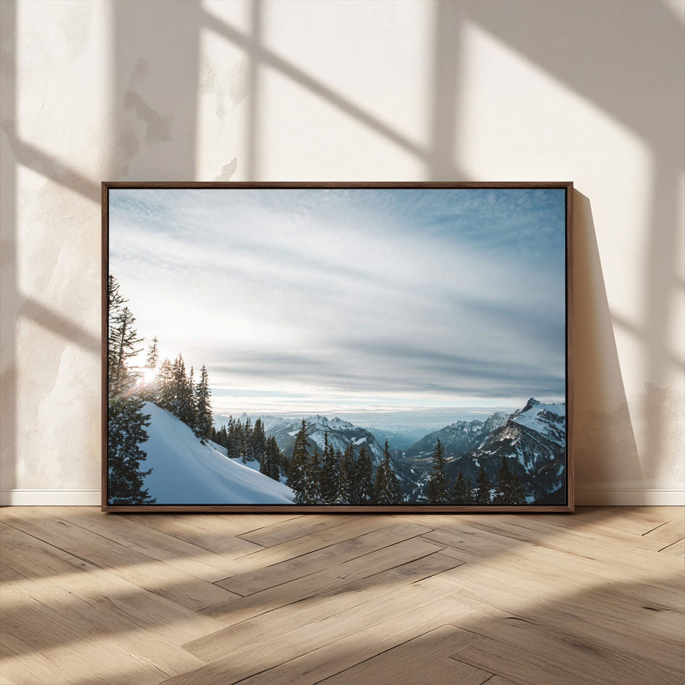 55564749-MGV-CV-36X24-Snowy Mountains Wall Art Canvas Print, Framed Alpine Landscape Art Picture Print, Frosty Peaks Perfect Nordic Minimalist Decor