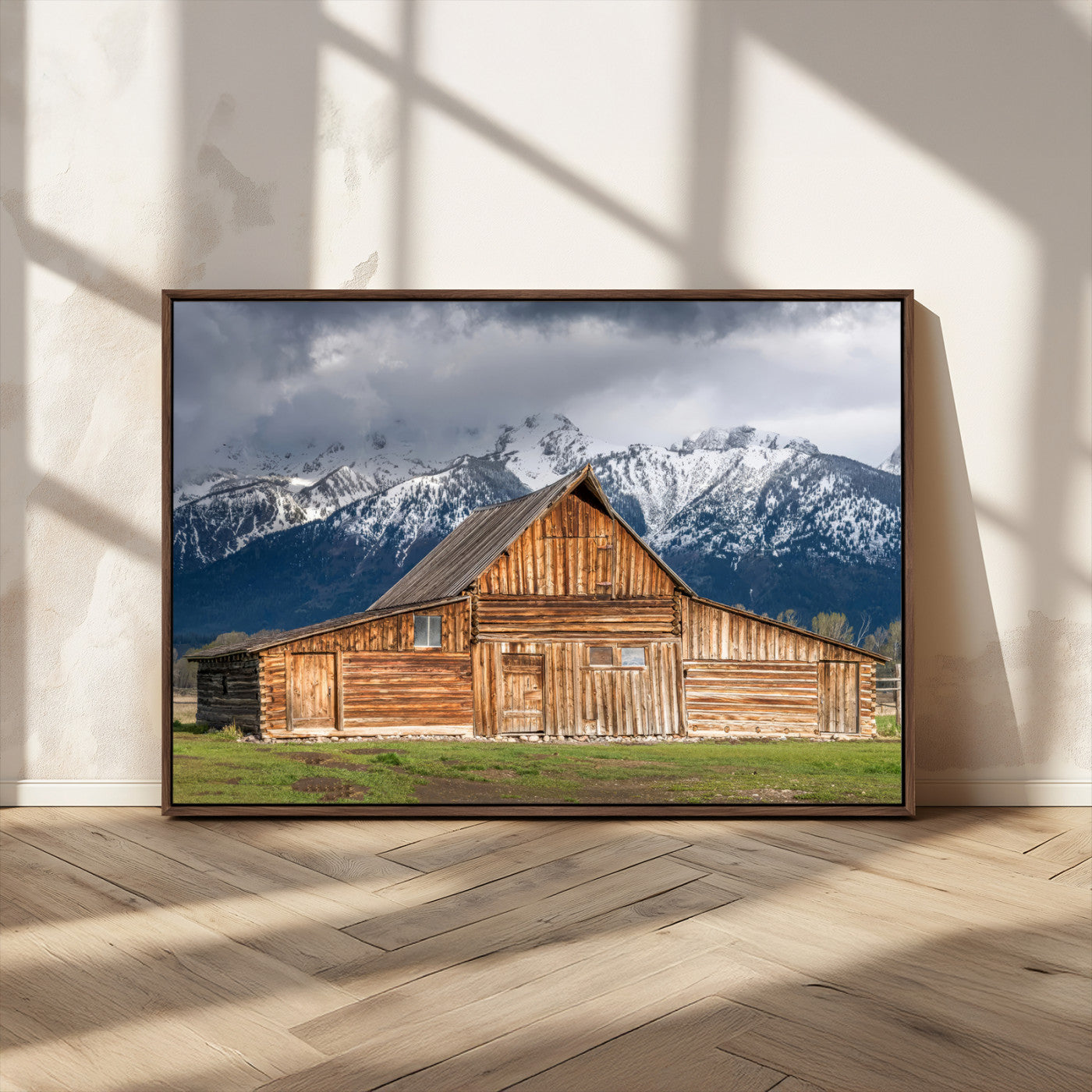 15173627-MGV-CV-36X24-Barn Wall Art – Rustic Wooden Cabin Canvas Print with Snowy Mountain Landscape, Western Farmhouse Country Decor for Living Room,