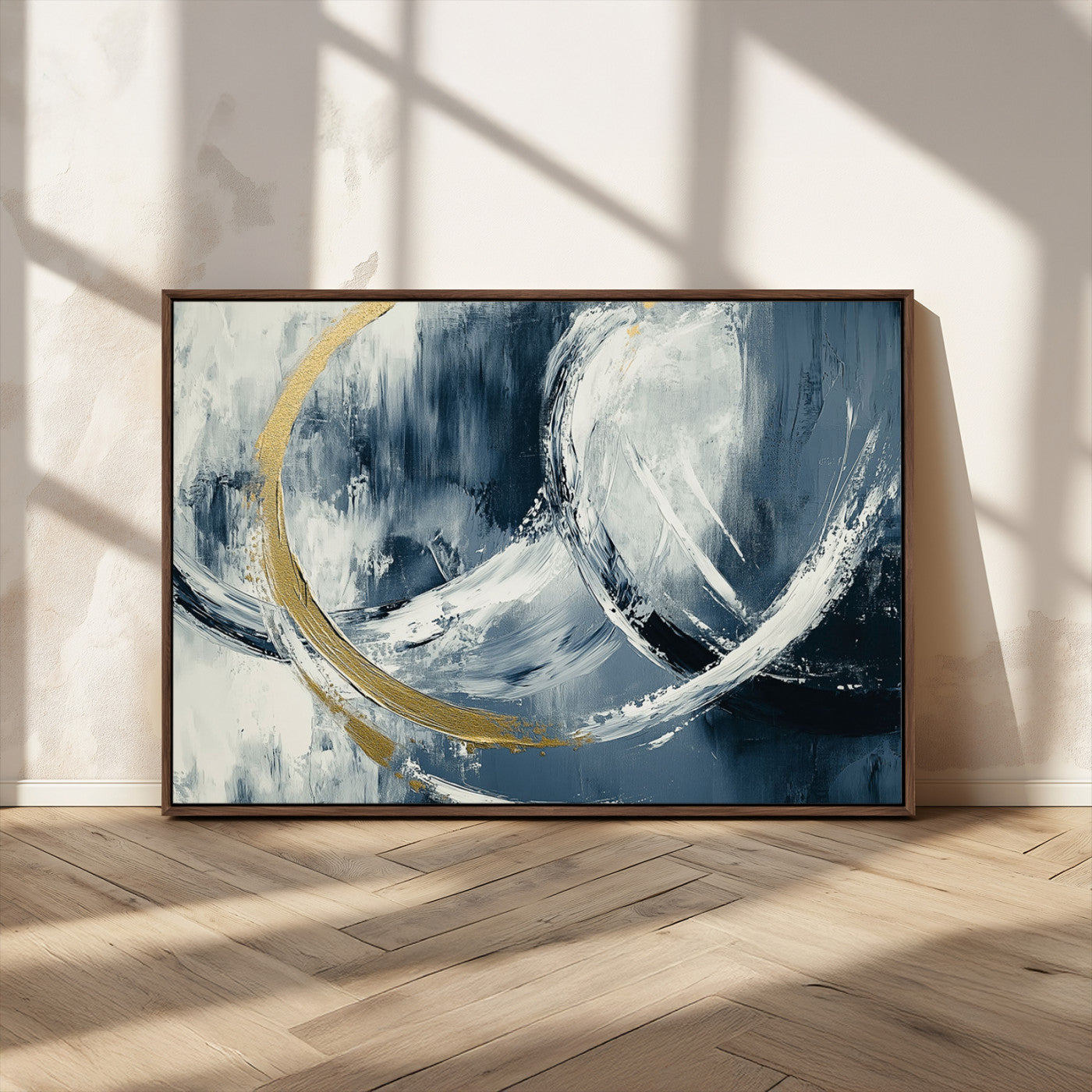 97295757-MGV-CV-36X24-Abstract Blue and Gold Wall Art – Modern Luxury Canvas Print, Navy White Brushstroke Painting, Contemporary Living Room Office