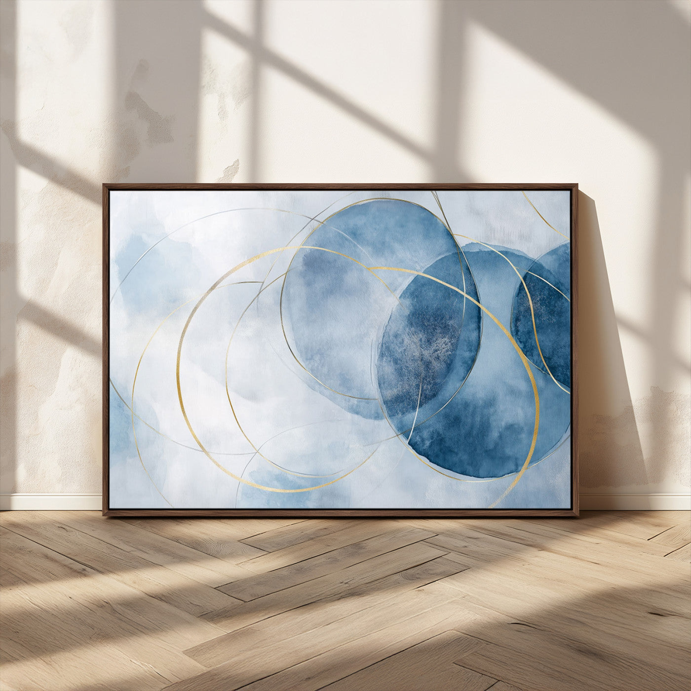 47060443-MGV-CV-36X24-Blue Abstract Circle Wall Art – Modern Gold and Navy Canvas Print, Minimalist Geometric Painting for Living Room, Bedroom, Office