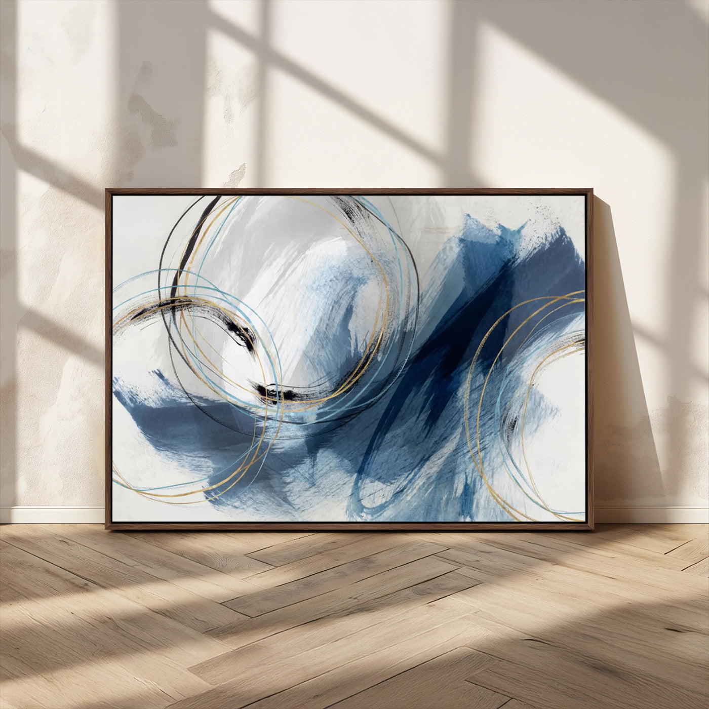 49589477-MGV-CV-36X24-Blue Abstract Wall Art – Modern Circle Canvas Print with Gold and Black Accents, Contemporary Fluid Brushstroke Painting for