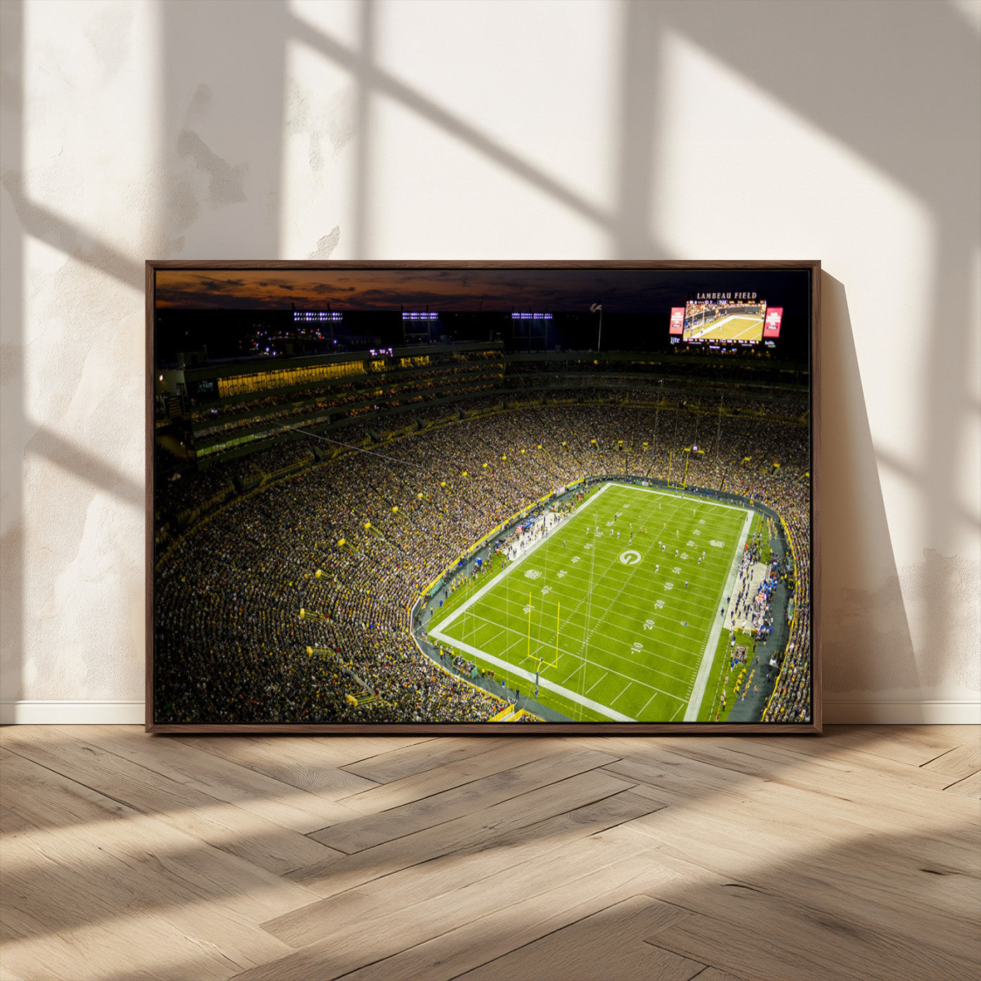 23655234-MGV-CV-36X24-Lambeau Field Stadium Wall Art – American Football Night Game Canvas Print with Packed Crowd and Lights – Sports Decor for Man