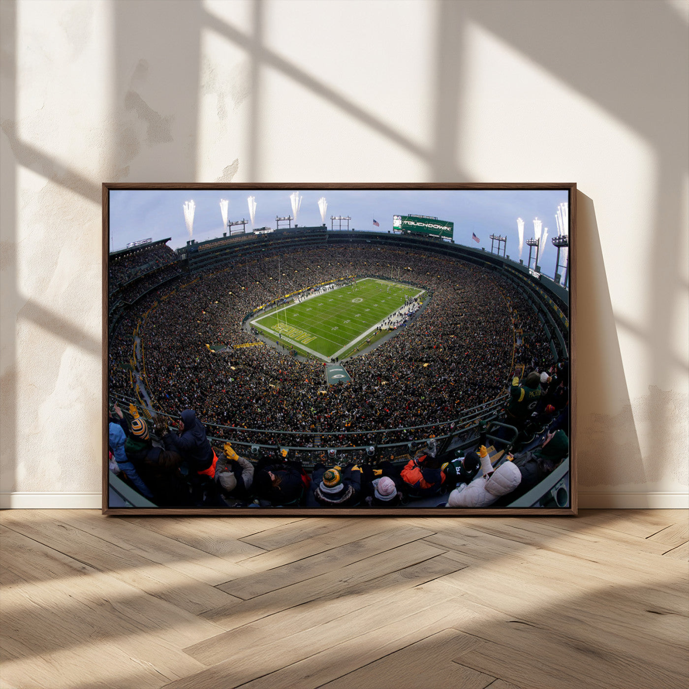 14387817-MGV-CV-36X24-Lambeau Field Stadium Wall Art – Green Bay Packers Game Day Canvas Print with Fireworks and Crowd – NFL Football Fan Man Cave