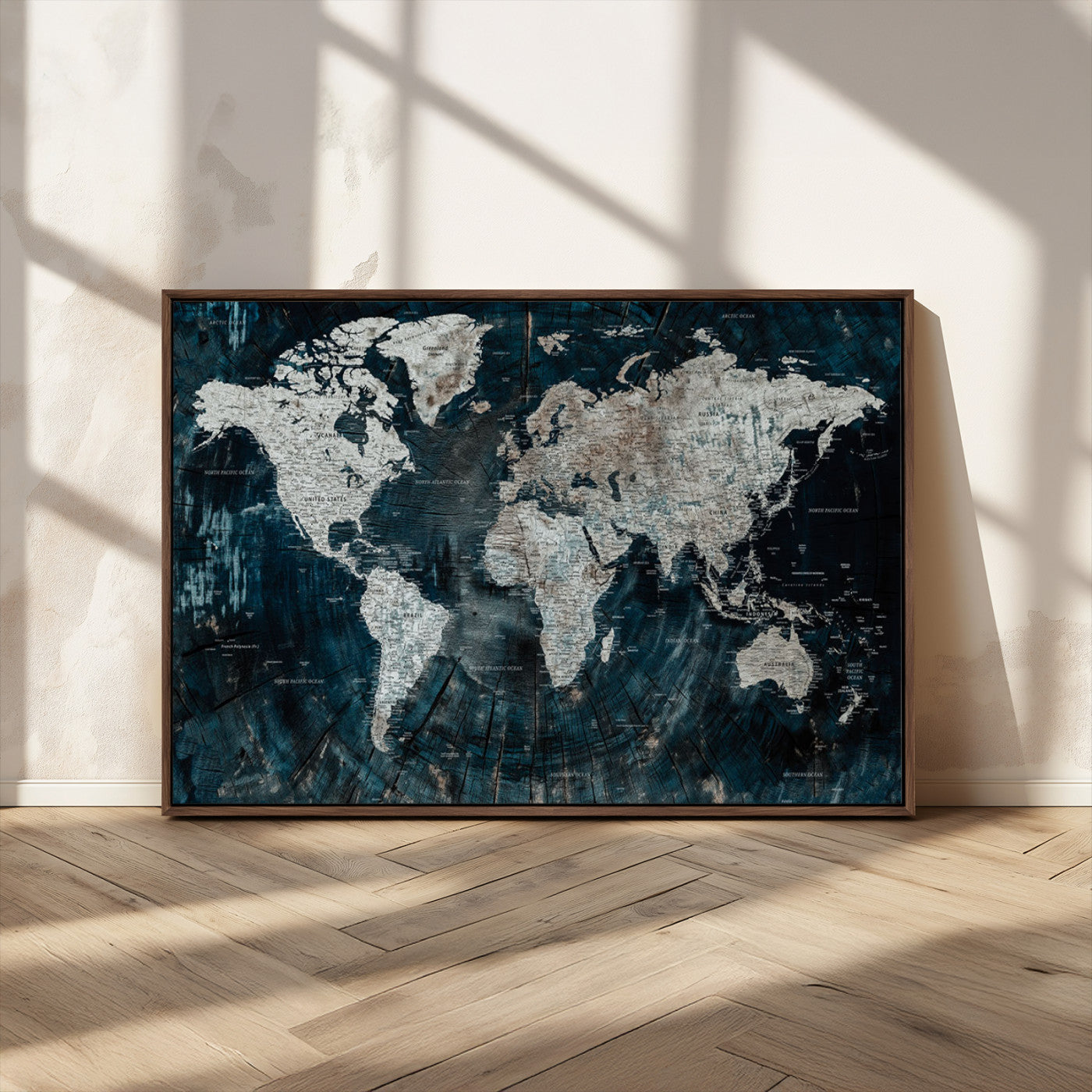 34425609-MGV-CV-36X24-World Map Wall Art – Rustic Navy and Grey Atlas Canvas Print, Distressed Explorer Map Artwork, Industrial Style Decor for Office,