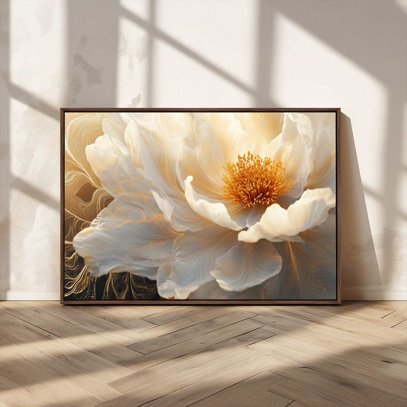 29539087-MGV-CV-36X24-Floral Wall Art – Elegant White and Gold Bloom Canvas Print, Romantic Modern Flower Artwork for Bedroom, Living Room, or Office