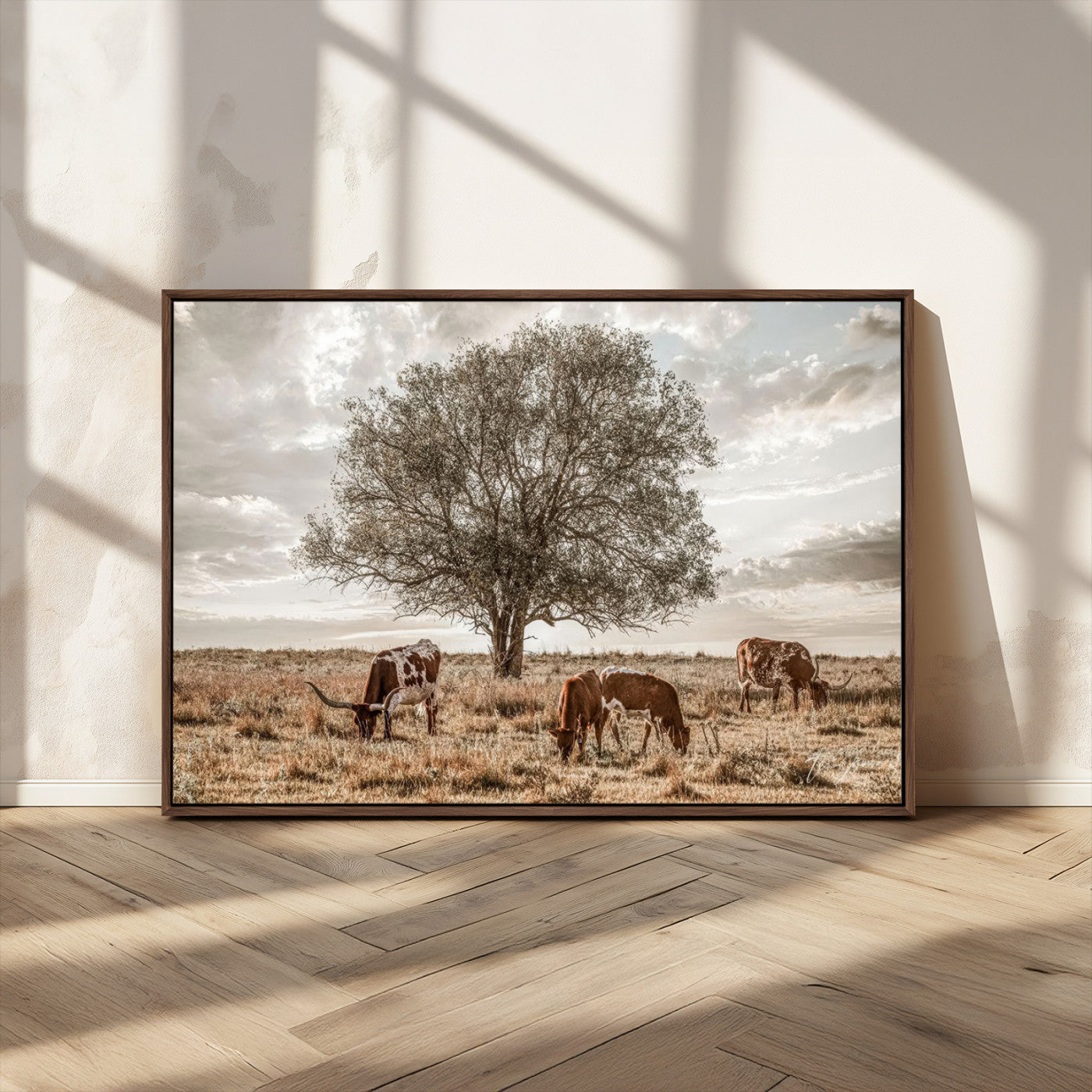 87590224-MGV-CV-36X24-Longhorn Cattle Wall Art – Rustic Western Landscape Canvas Print, Texas Farmhouse Prairie Scene for Living Room, Office, or Ranch