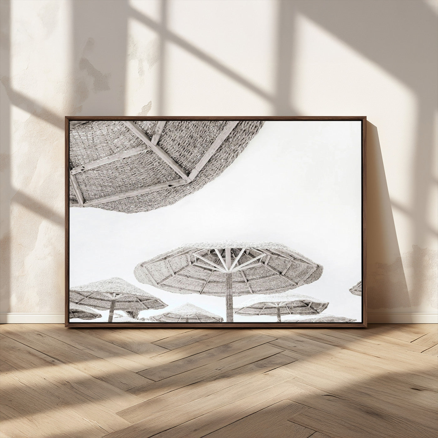 97043123-MGV-CV-36X24-Beach Umbrella Wall Art – Minimalist Coastal Canvas Print, Woven Parasol Summer Decor for Bedroom, Living Room, or Modern Beach