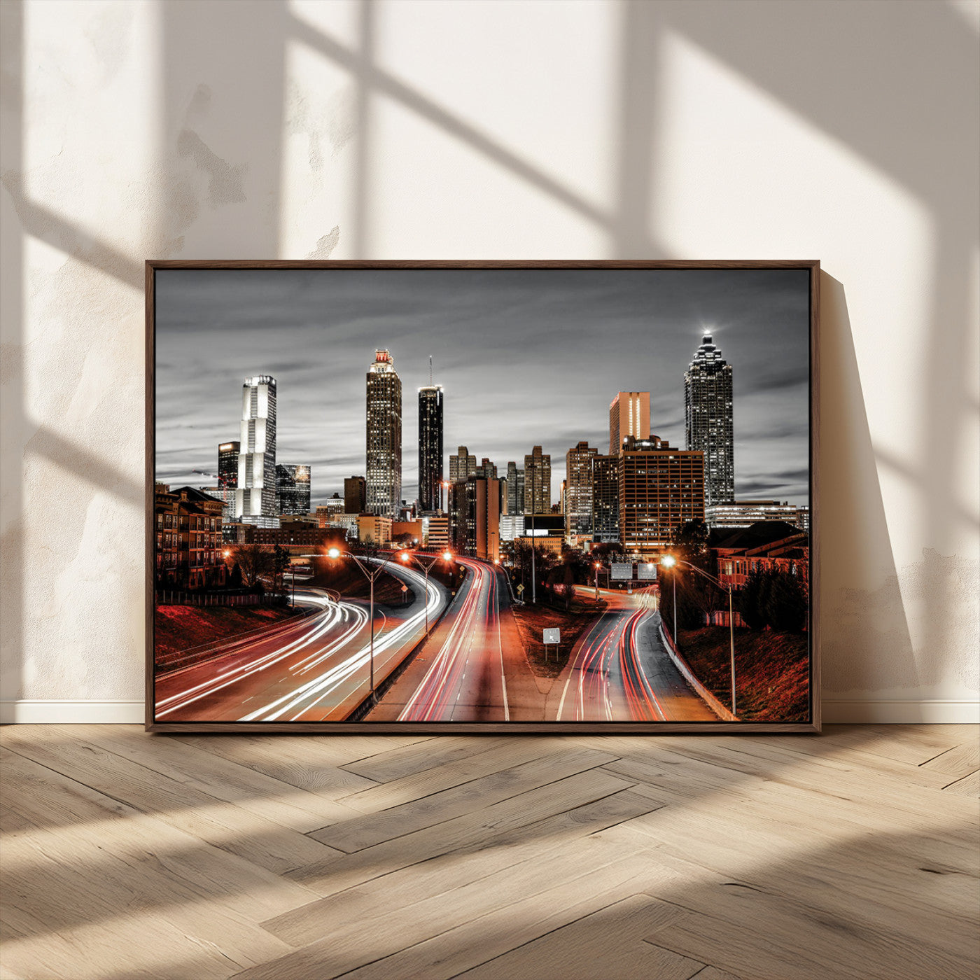 59097239-MGV-CV-36X24-City Skyline Wall Art – Modern Black and White Night Canvas Print with Red Light Trails, Urban Landscape Decor for Living Room or