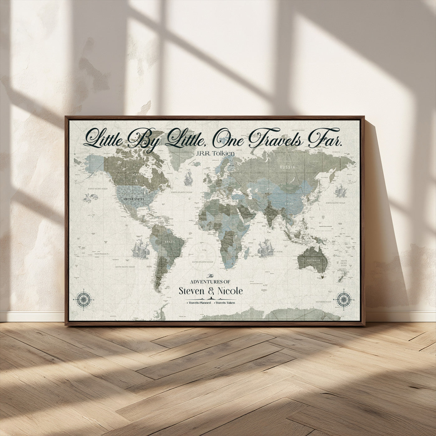10693204-MGV-CV-36X24-Little By Little One Travels Far Tolkien Quote Blue Green World Map Adventure Wall Art Canvas Print Rustic Wanderlust Travel Decor