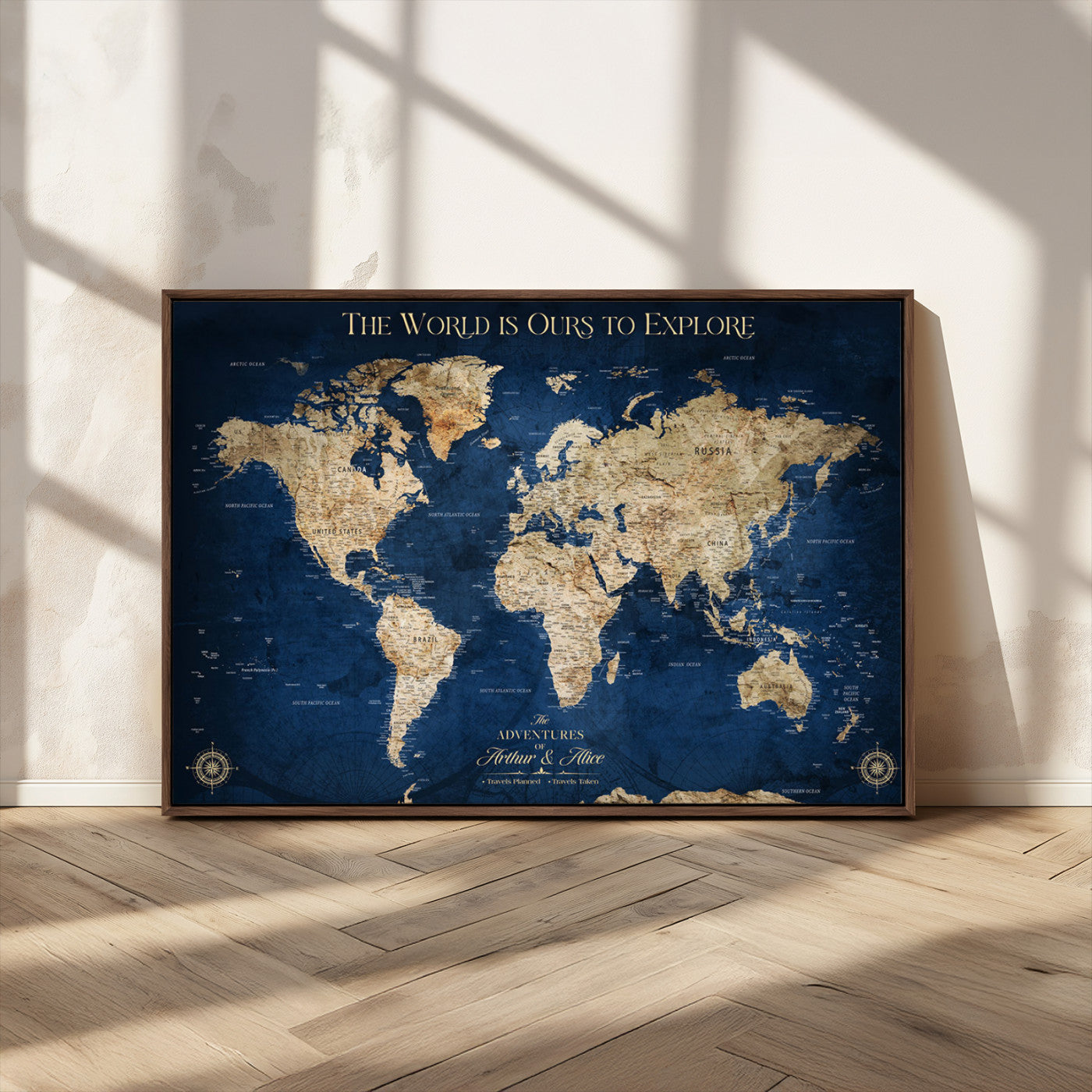 54782997-MGV-CV-36X24-The World is Ours to Explore Wall Art – Blue World Map Canvas Print, Adventure Travel Decor for Home, Office or Living Room,