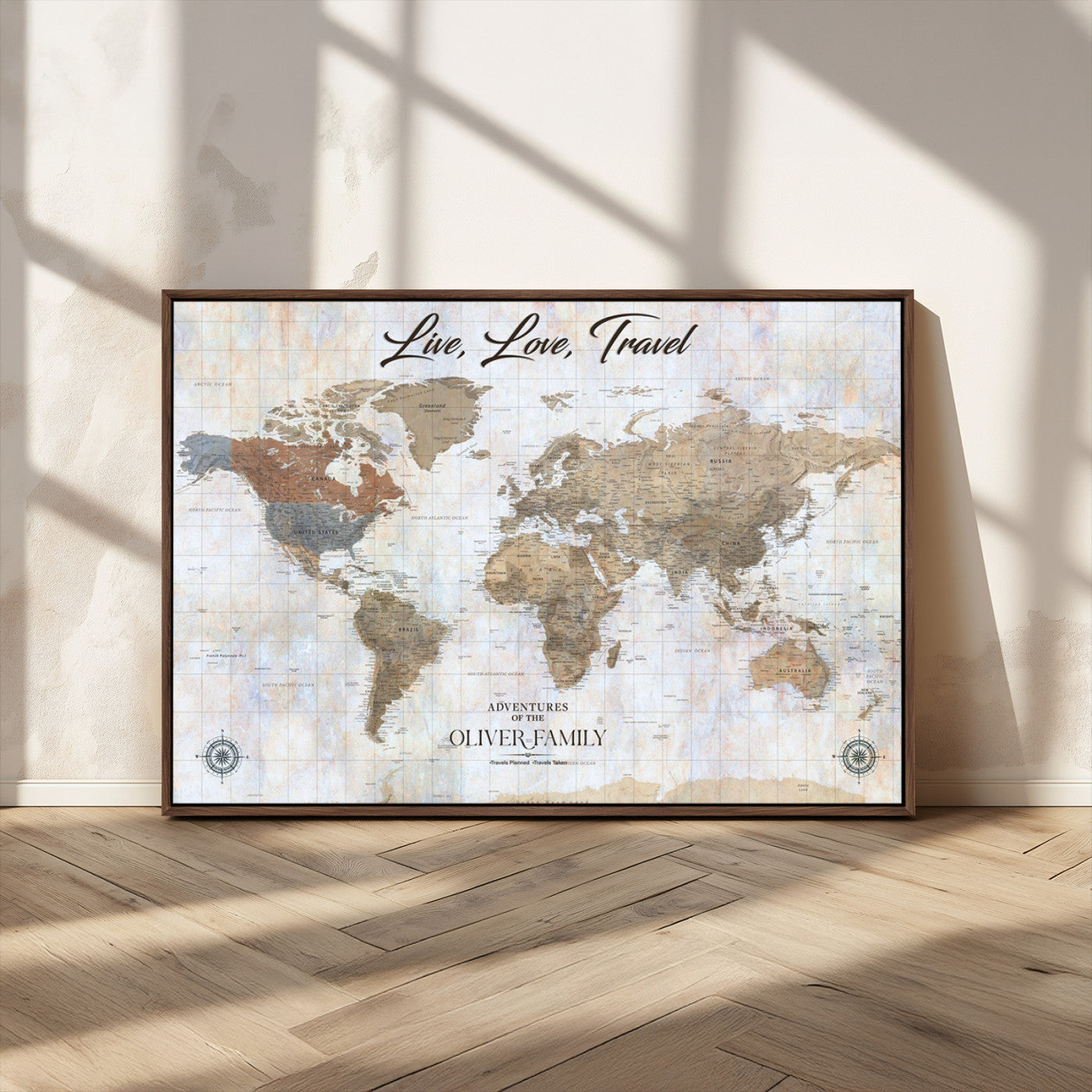 43924907-MGV-CV-36X24-Live Love Travel Wall Art – Neutral World Map Canvas Print, Rustic Adventure Decor for Home, Office or Living Room, Unique Gift