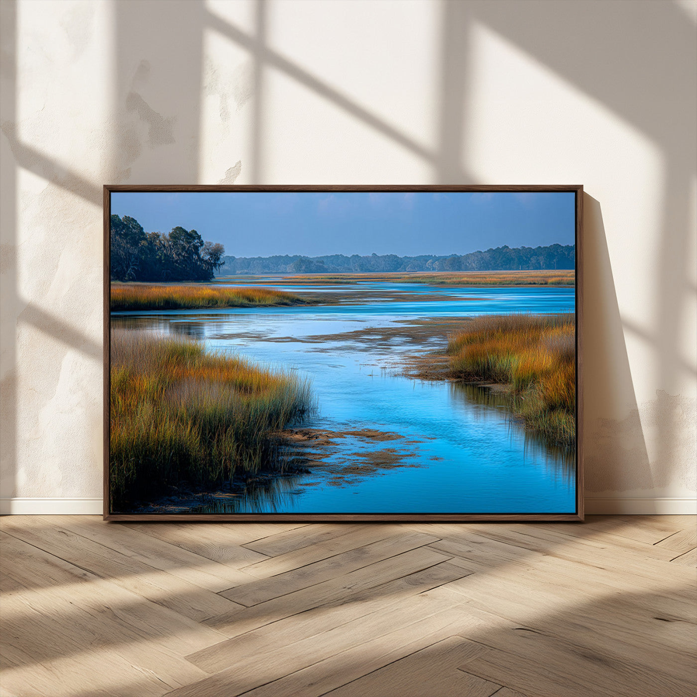 26300004-MGV-CV-36X24-Tranquil Marshland Canvas Wall Art – Blue Water, Reflective Sky, Golden Grasses, Calm Nature Landscape, Scenic Outdoor Beauty for