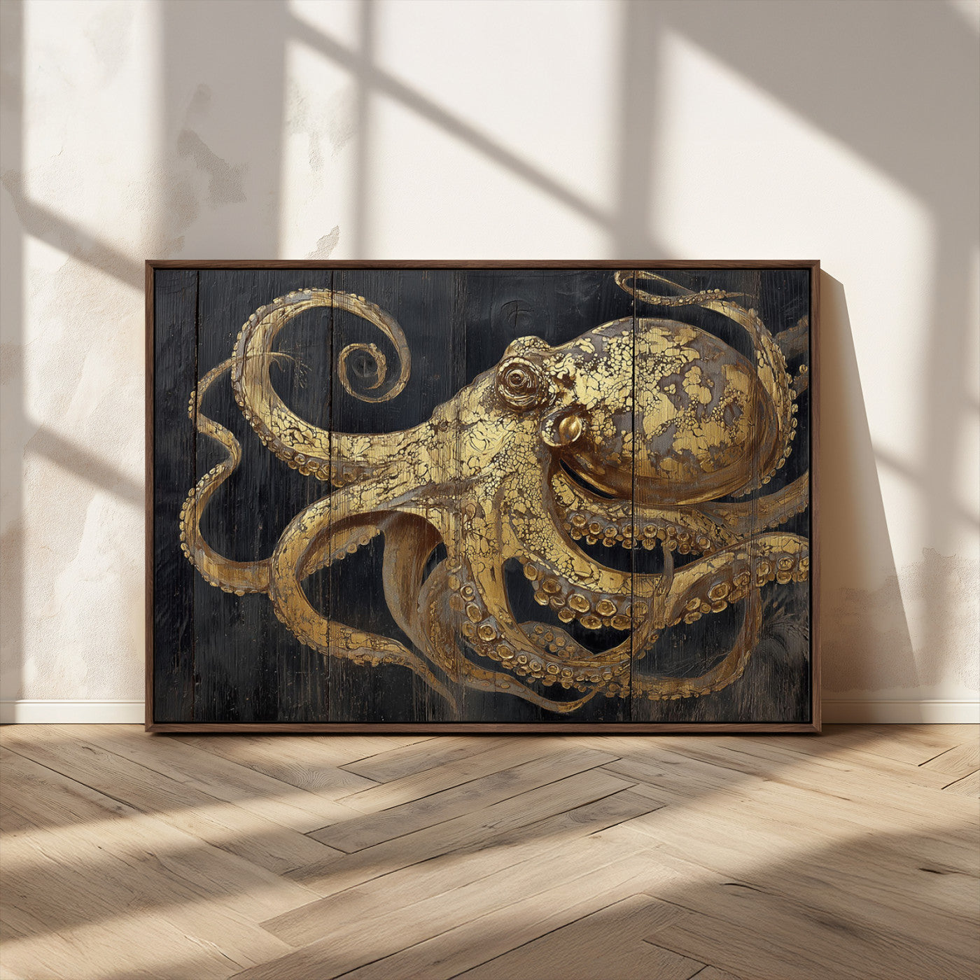 47056538-MGV-CV-36X24-Octopus Canvas Wall Art – Gold Detail, Wooden Texture, Marine Life, Ocean Creature Tentacles, Nautical Coastal Rustic Decor for
