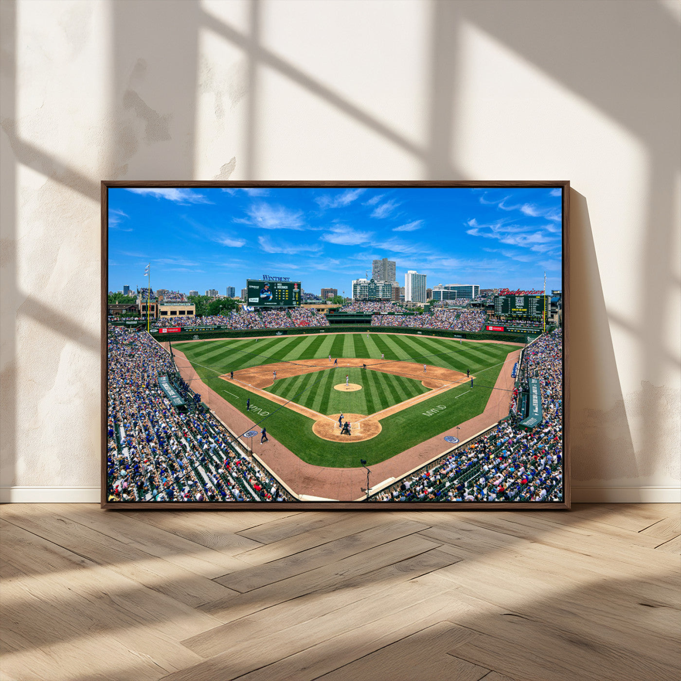 56213978-MGV-CV-36X24-Baseball Stadium Wall Art – Panoramic Ballpark Canvas Print with Fans, Green Field and City Skyline, Classic Sports Photography