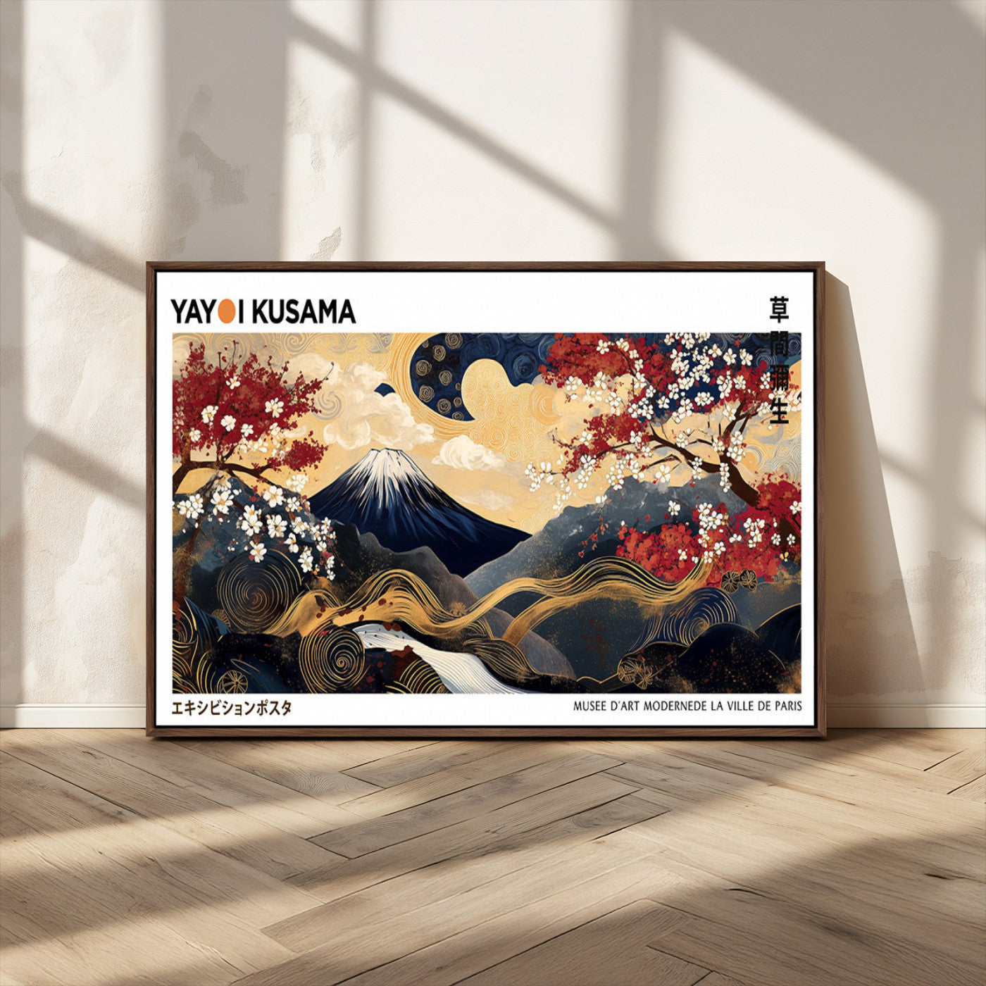 28945903-MGV-FC-36X24_Walnut-Japanese Wall Art – Mount Fuji Canvas Print with Cherry Blossoms and Golden Wave Motifs, Traditional Asian Inspired Artwork for