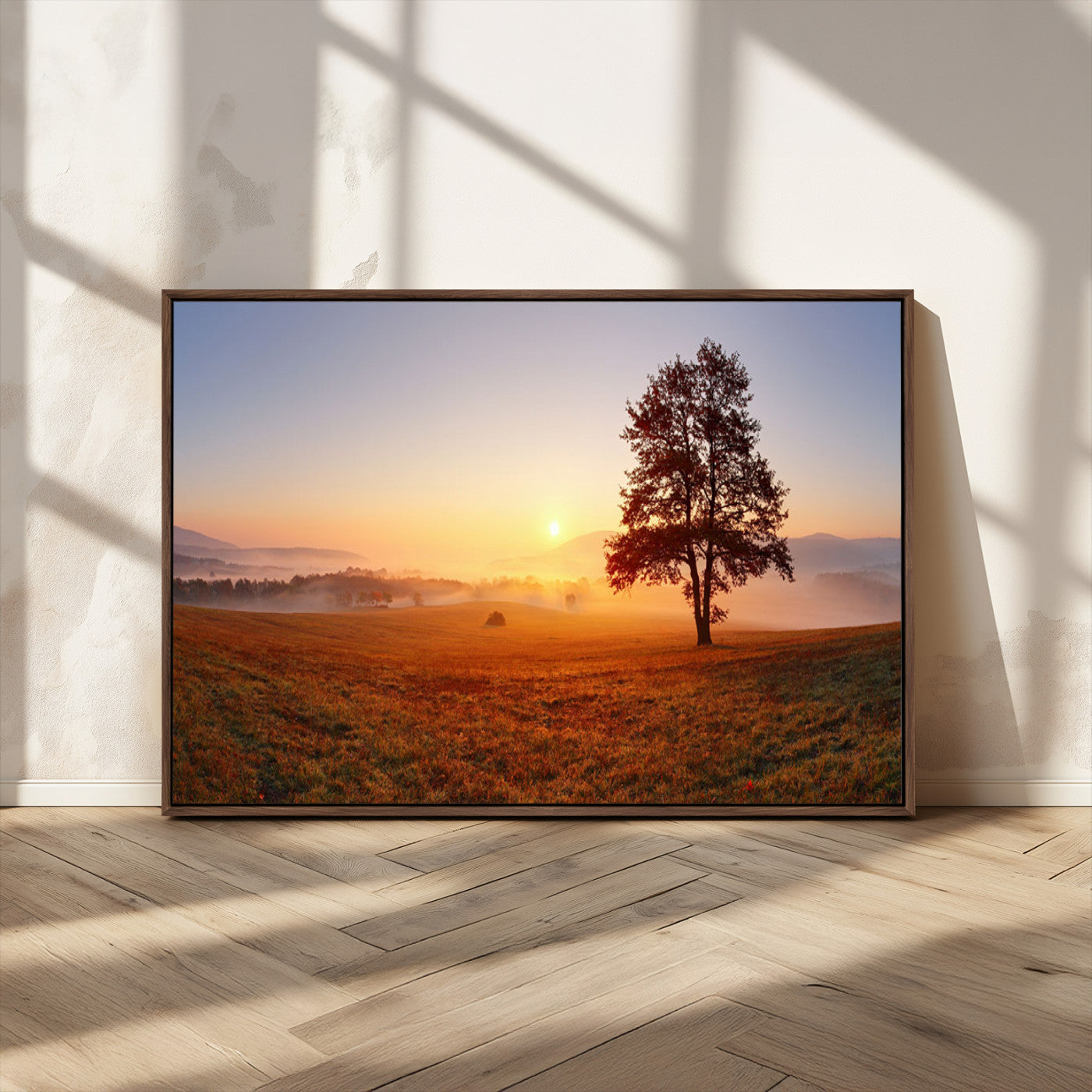57919623-MGV-CV-36X24-Sunrise Landscape Wall Art – Golden Morning Canvas Print with Tree, Misty Hills and Open Field, Peaceful Nature Photography for