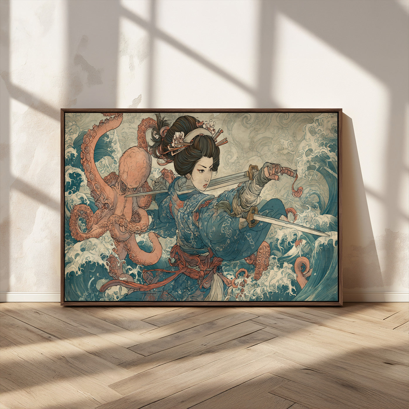 52037775-MGV-CV-36X24-Samurai Woman Wall Art – Japanese Ukiyo e Style Canvas Print with Katana, Ocean Waves and Octopus, Traditional Asian Inspired