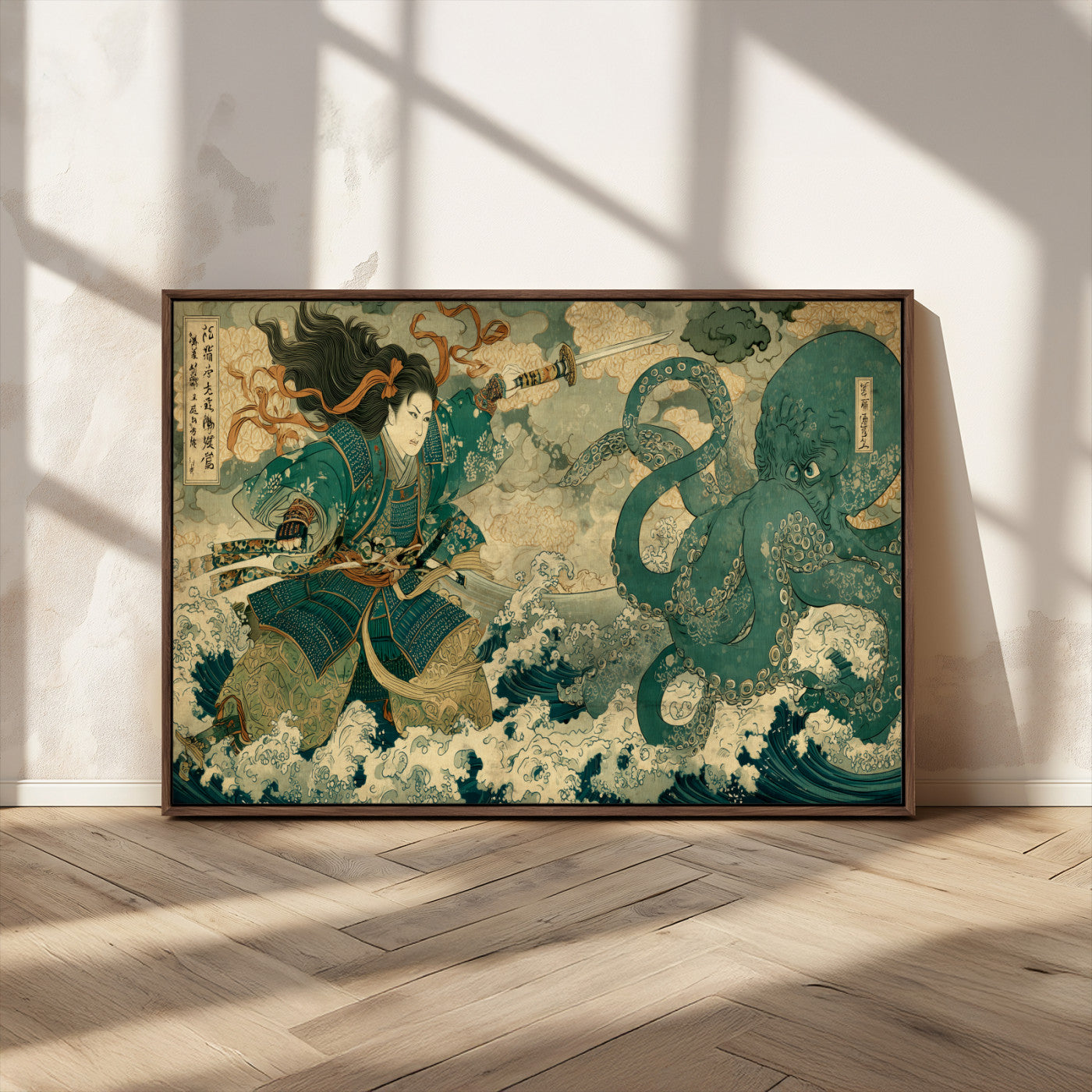 24416422-MGV-CV-36X24-Tsukioka Yoshitoshi Samurai Wall Art Print, Japanese Katana Warrior Canvas Wall Art, Octopus Sea Monster Canvas Print,