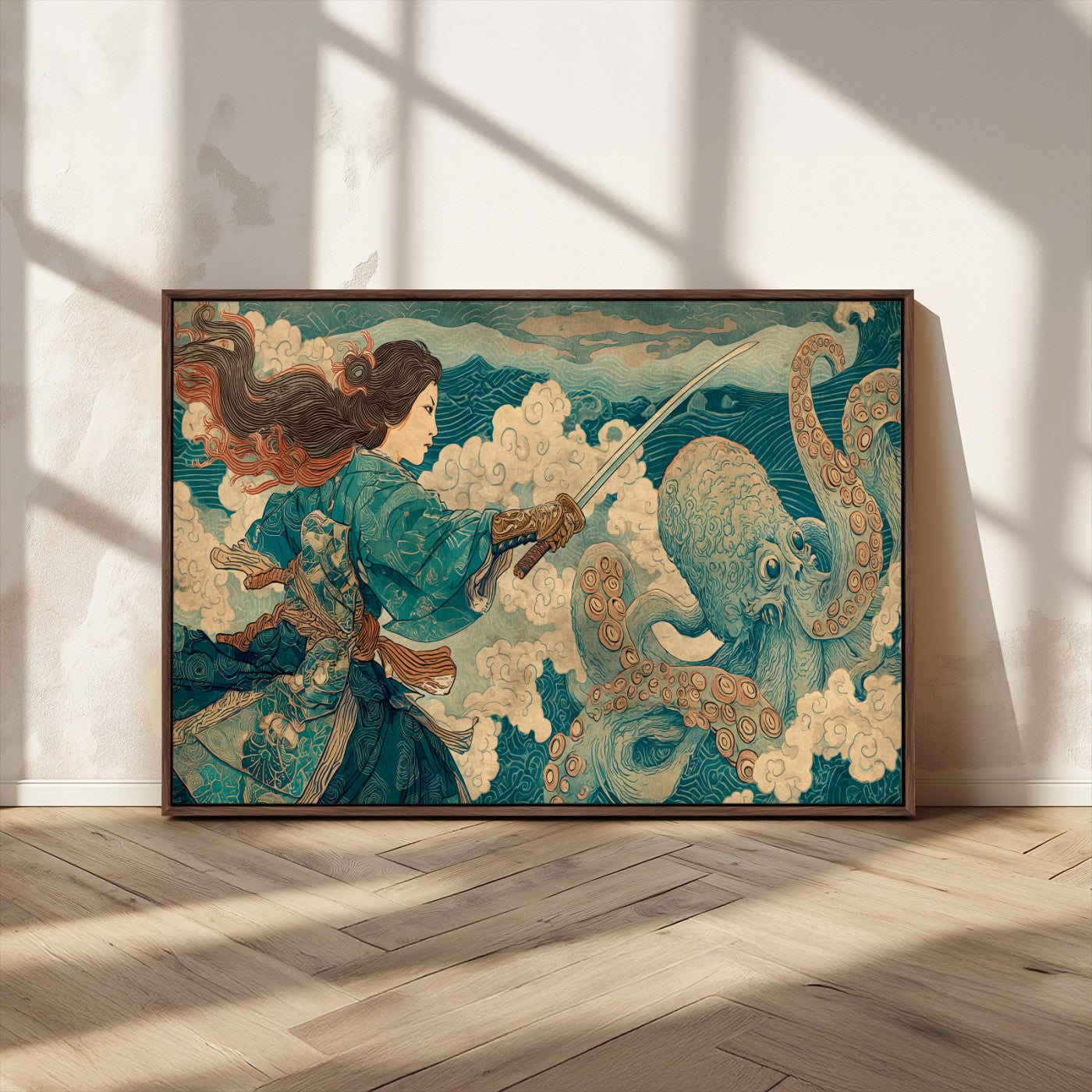 37943964-MGV-CV-36X24-Samurai Warrior vs Octopus Wall Art – Japanese Ukiyo-e Style Canvas Print, Ocean Battle Scene Artwork for Living Room, Office, Man