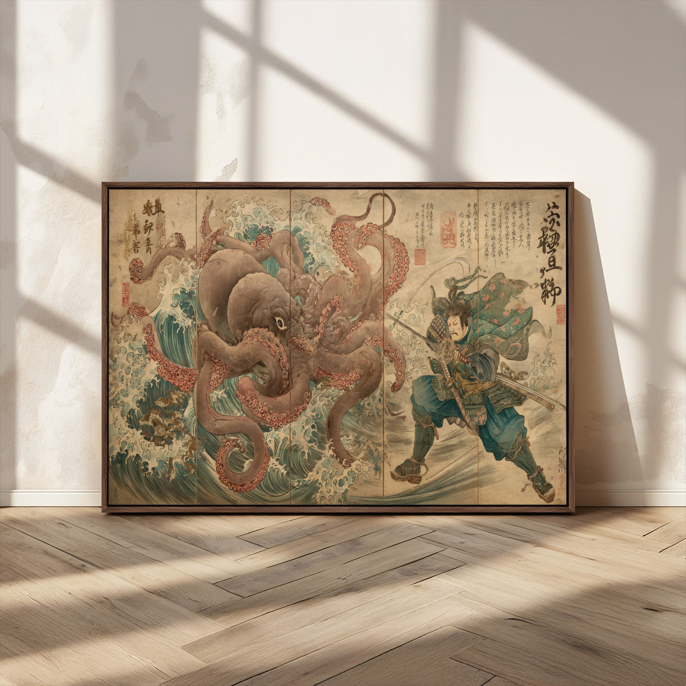 63782167-MGV-CV-36X24-Tsukioka Yoshitoshi Samurai Wall Art Print, Japanese Katana Warrior Canvas Wall Art, Octopus Sea Monster Canvas Print,