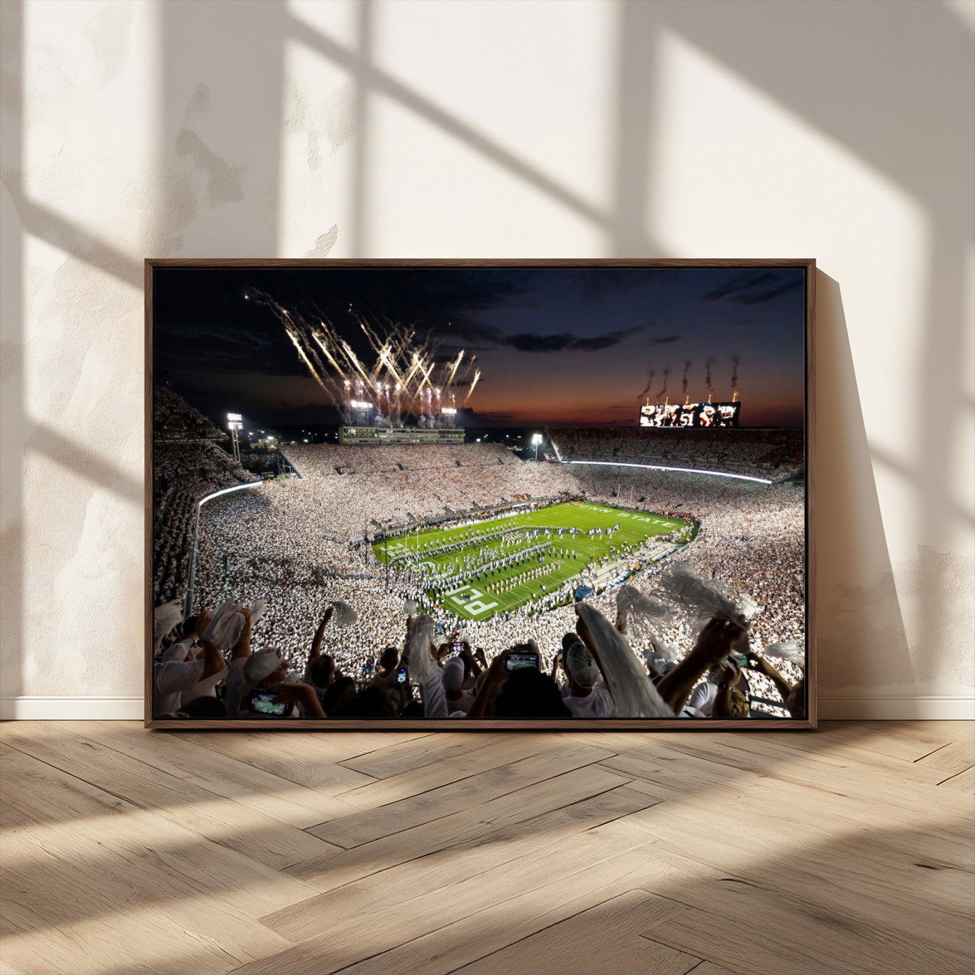 Penn-MGV-CV-36X24-Football Stadium Wall Art – Panoramic Night Game Canvas Print, Packed Crowd with Fireworks, Sports Decor for Office, Man Cave, Bar