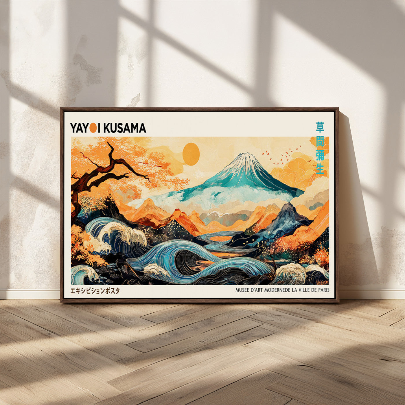 94085549-MGV-CV-36X24-Yayoi Kusama Inspired Japanese Landscape Art Print – Vibrant Mount Fuji, Waves & Autumn Trees, Modern Decorative Poster for