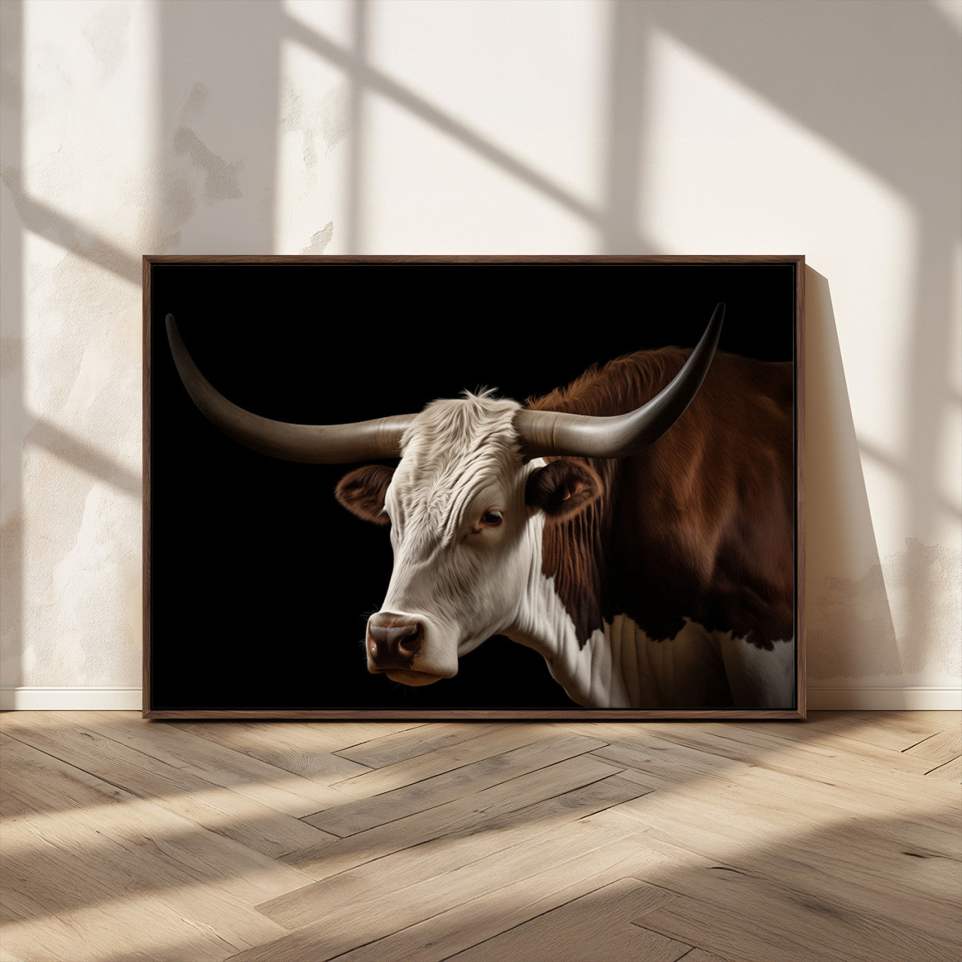 27414857-MGV-CV-36X24-Texas Longhorn Bull Canvas Wall Art – Rustic Western Farmhouse Decor, Brown & White Cow Portrait, Animal Print for Ranch Home