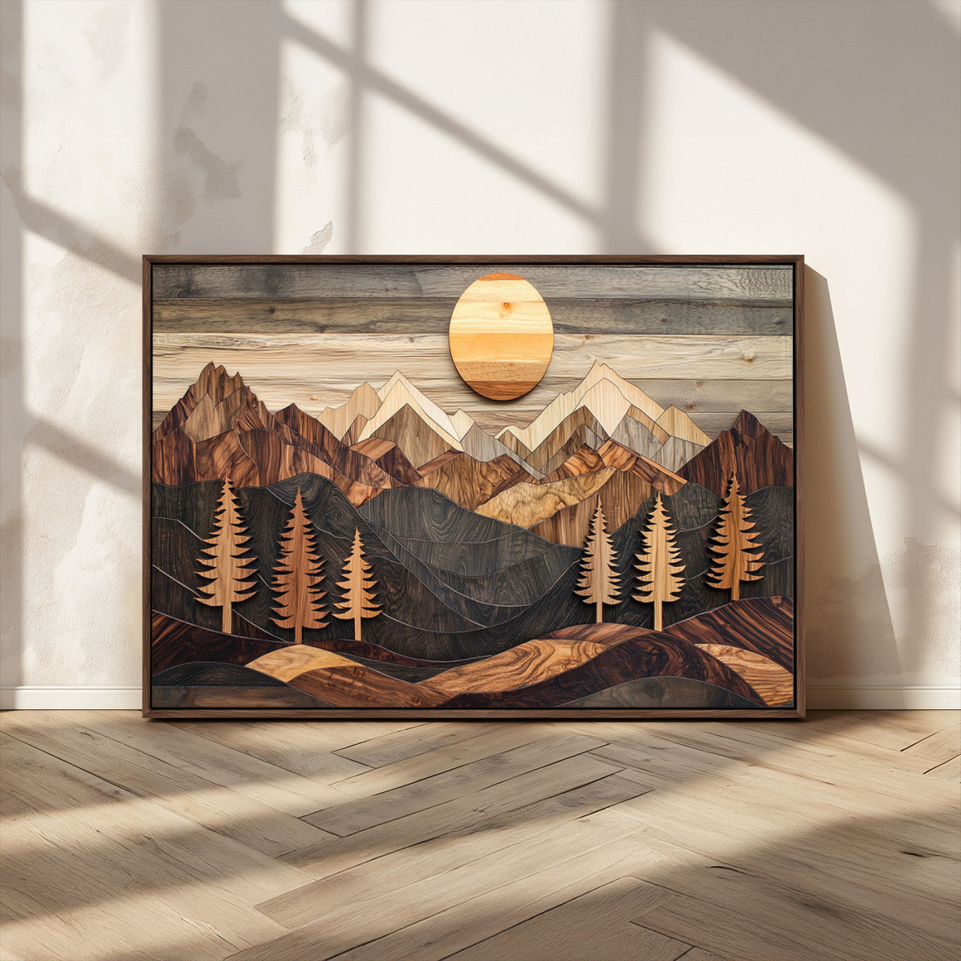 90044381-MGV-FC-36X24_Walnut-Rustic Wall Art – Wooden Mountain Landscape with Sun and Pine Trees, Handcrafted Nature Canvas Style Decor for Bedroom, Living