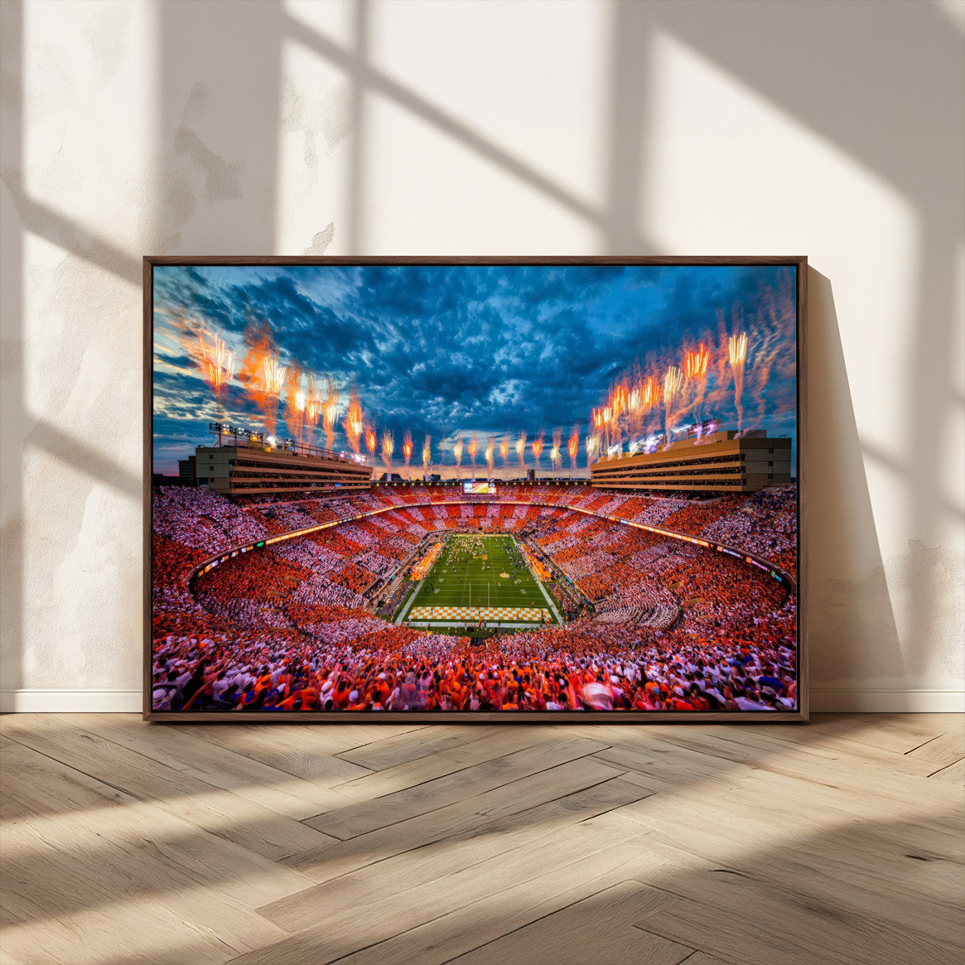 94266219-MGV-FC-36X24_Walnut-Neyland Stadium Wall Art – Tennessee Volunteers Checkerboard Game Day Canvas Print, College Football Fireworks Decor for Man Cave