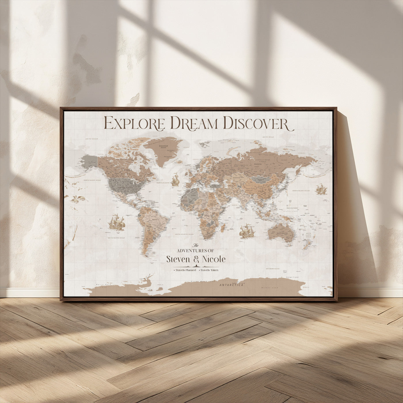 56148717-MGV-CV-36X24-Personalized World Map Wall Art – Neutral Beige & Brown Vintage Adventure Travel Map with Custom Couple Names, Classic Wall Decor